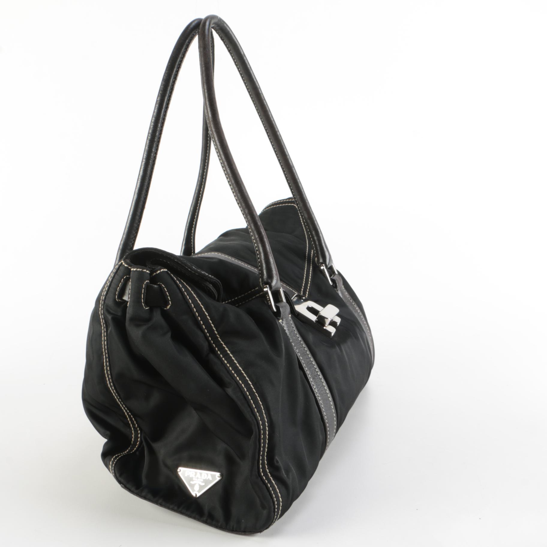 Prada Gathered Tessuto Twist Lock Bag in Contrast Stitched Nylon and Leather