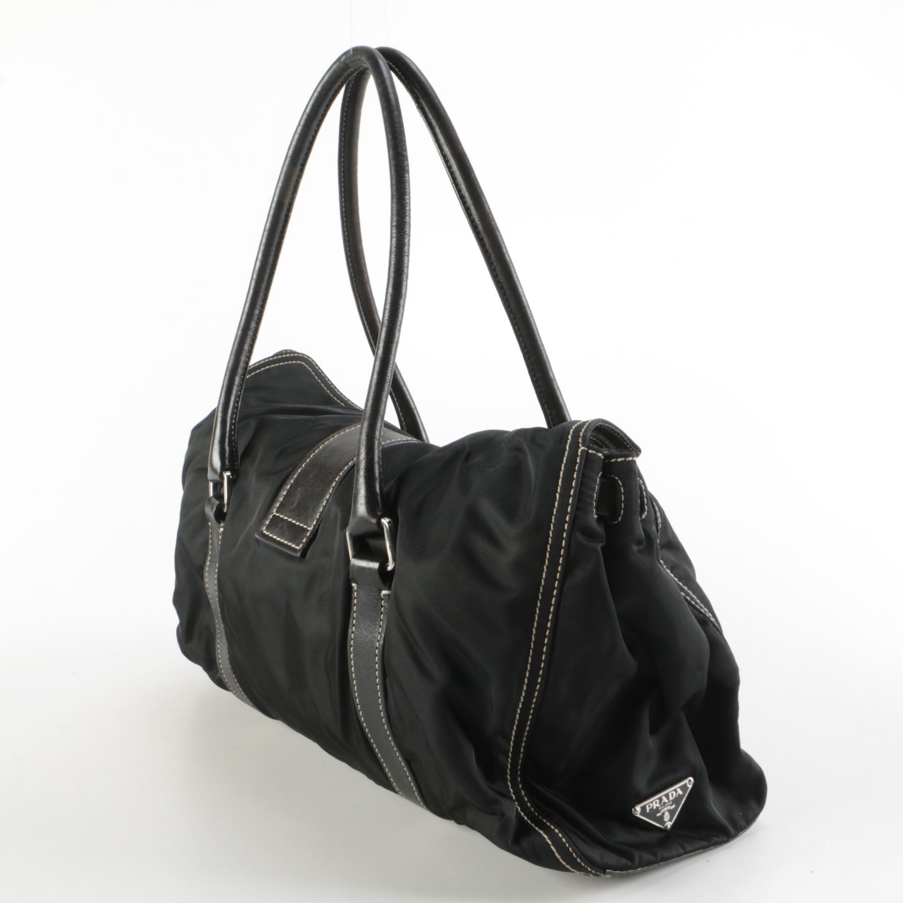 Prada Gathered Tessuto Twist Lock Bag in Contrast Stitched Nylon and Leather