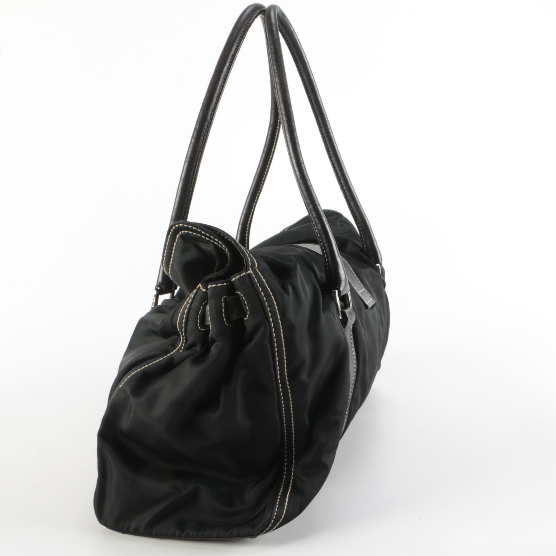Prada Gathered Tessuto Twist Lock Bag in Contrast Stitched Nylon and Leather