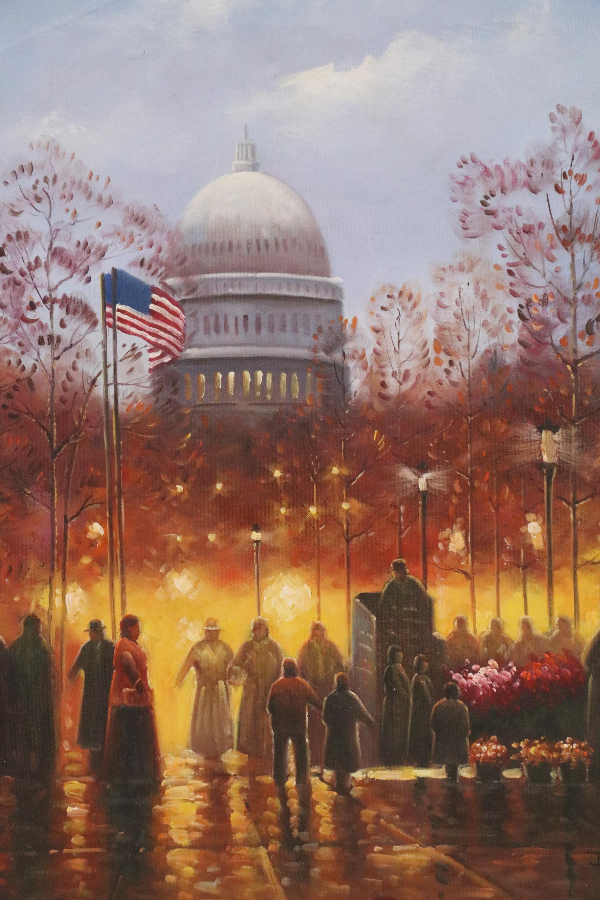 Washington D.C. Street Scene Oil Painting, Late 20th Century