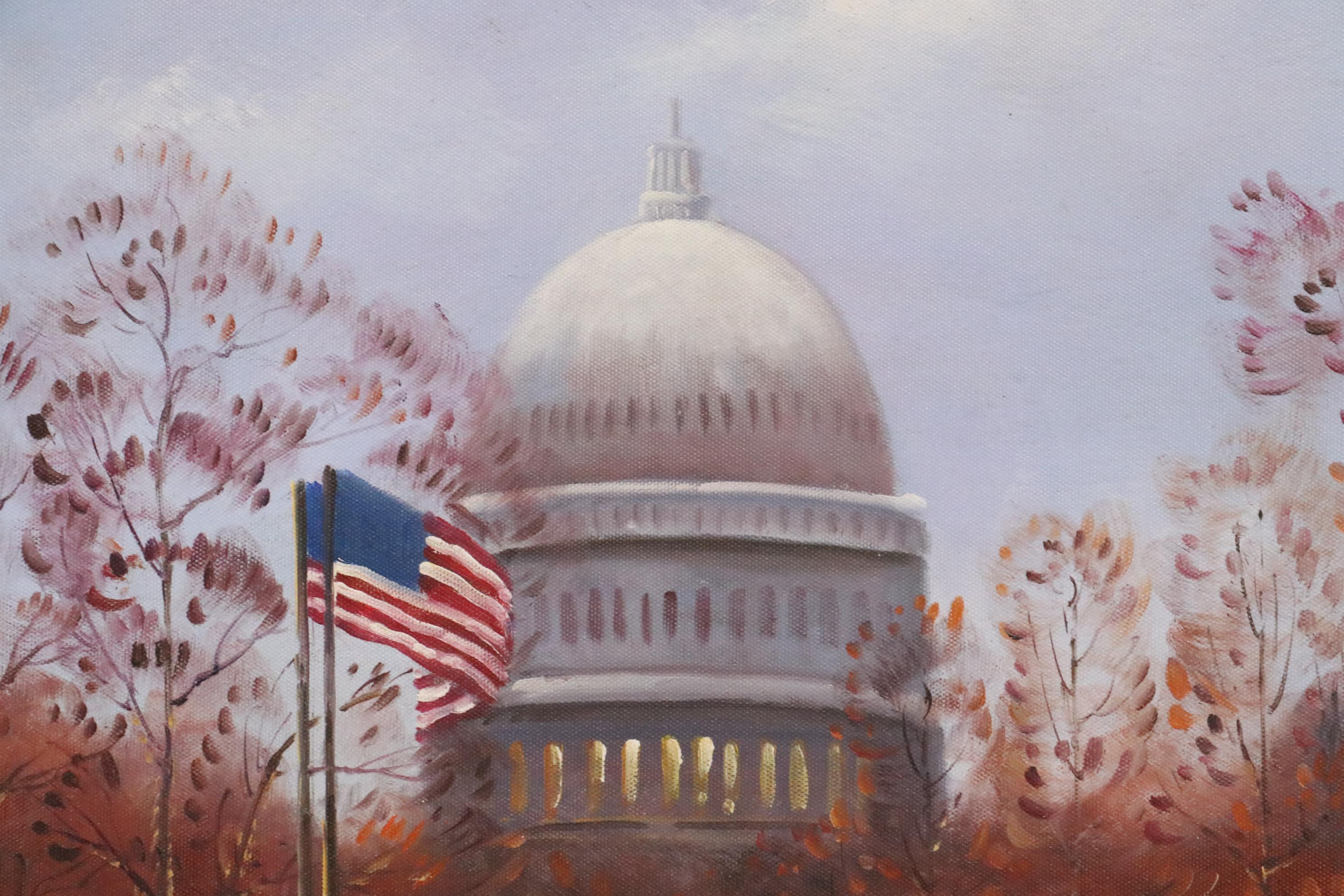 Washington D.C. Street Scene Oil Painting, Late 20th Century