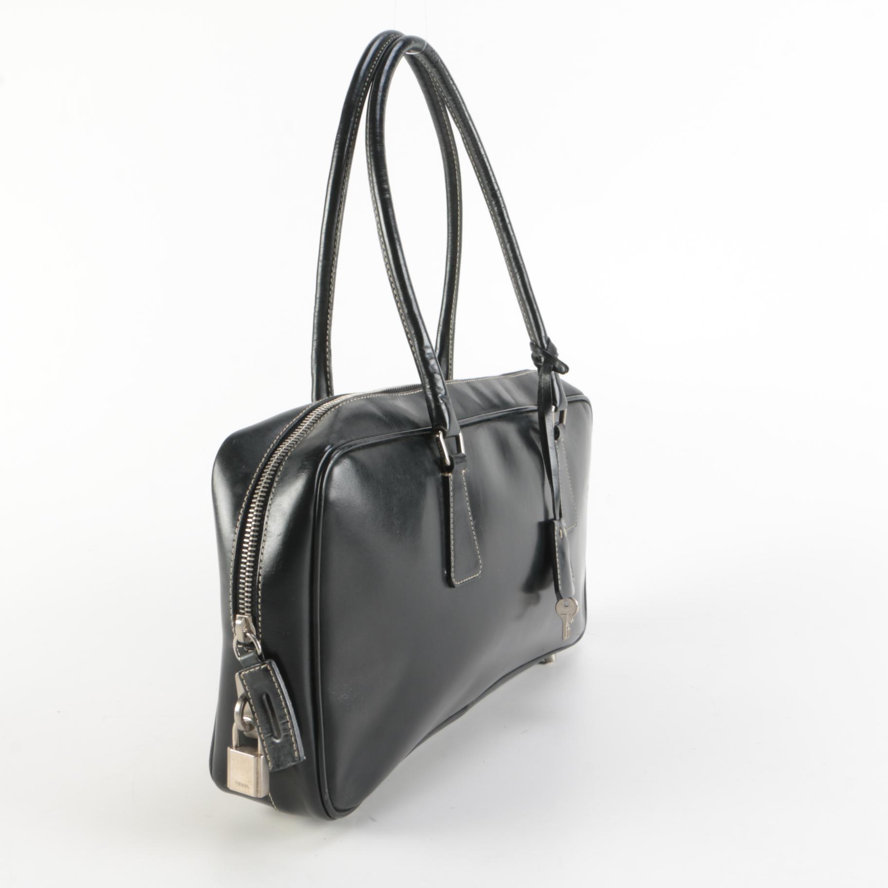 Prada Vitello Box Bauletto Bag in Black Leather with Contrast Stitching