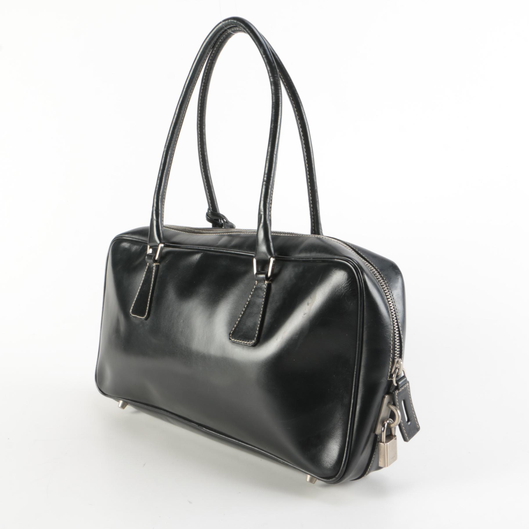 Prada Vitello Box Bauletto Bag in Black Leather with Contrast Stitching