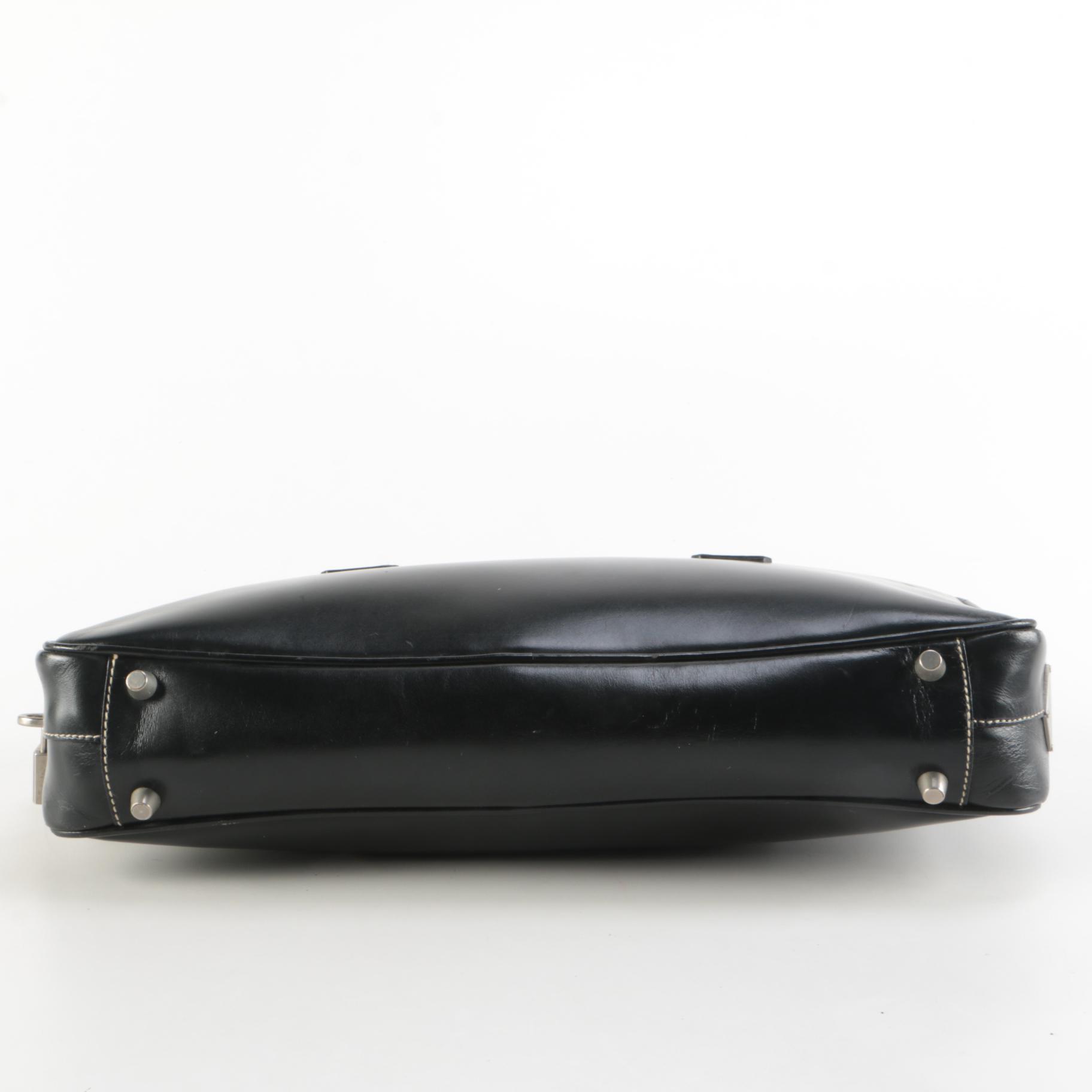 Prada Vitello Box Bauletto Bag in Black Leather with Contrast Stitching