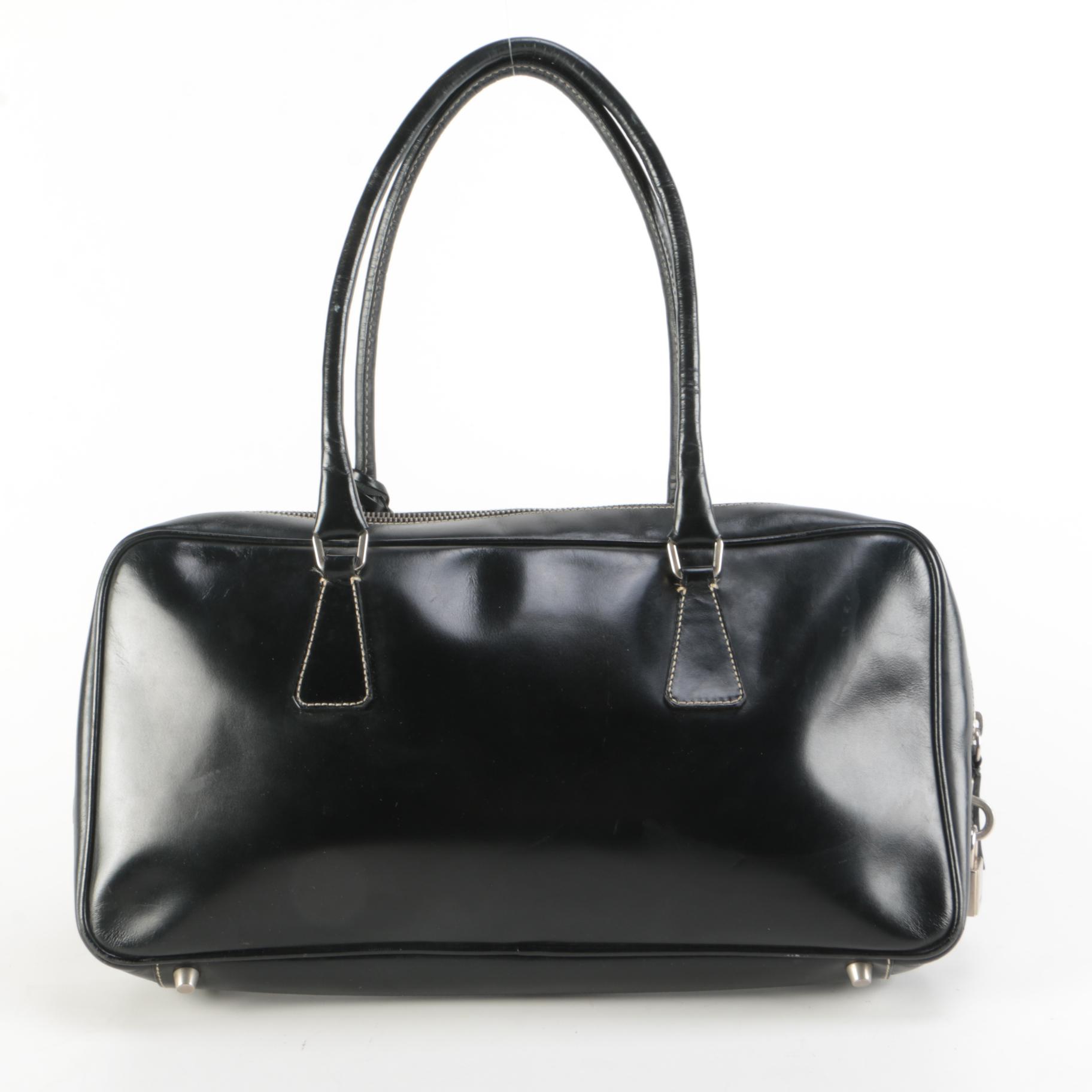 Prada Vitello Box Bauletto Bag in Black Leather with Contrast Stitching