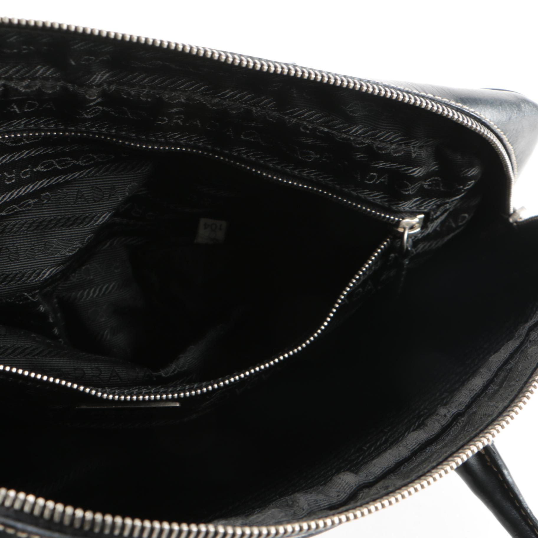 Prada Vitello Box Bauletto Bag in Black Leather with Contrast Stitching