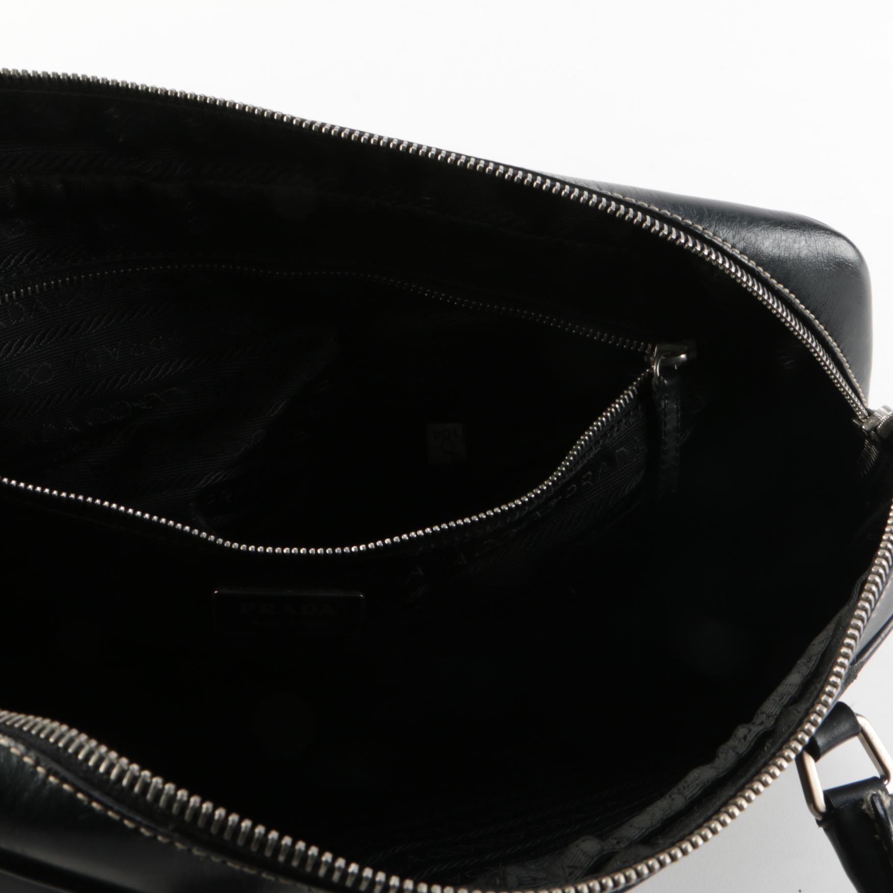 Prada Vitello Box Bauletto Bag in Black Leather with Contrast Stitching