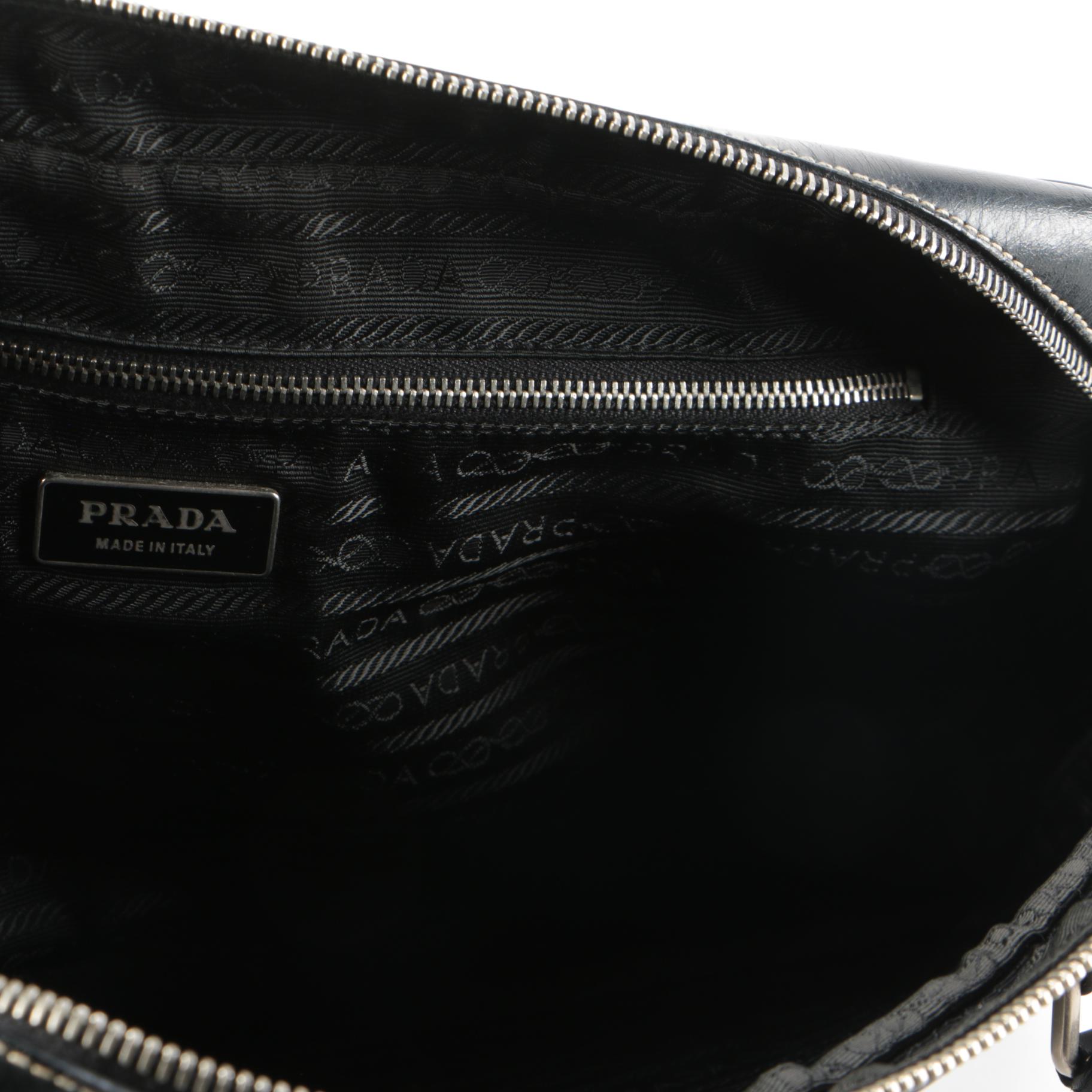 Prada Vitello Box Bauletto Bag in Black Leather with Contrast Stitching