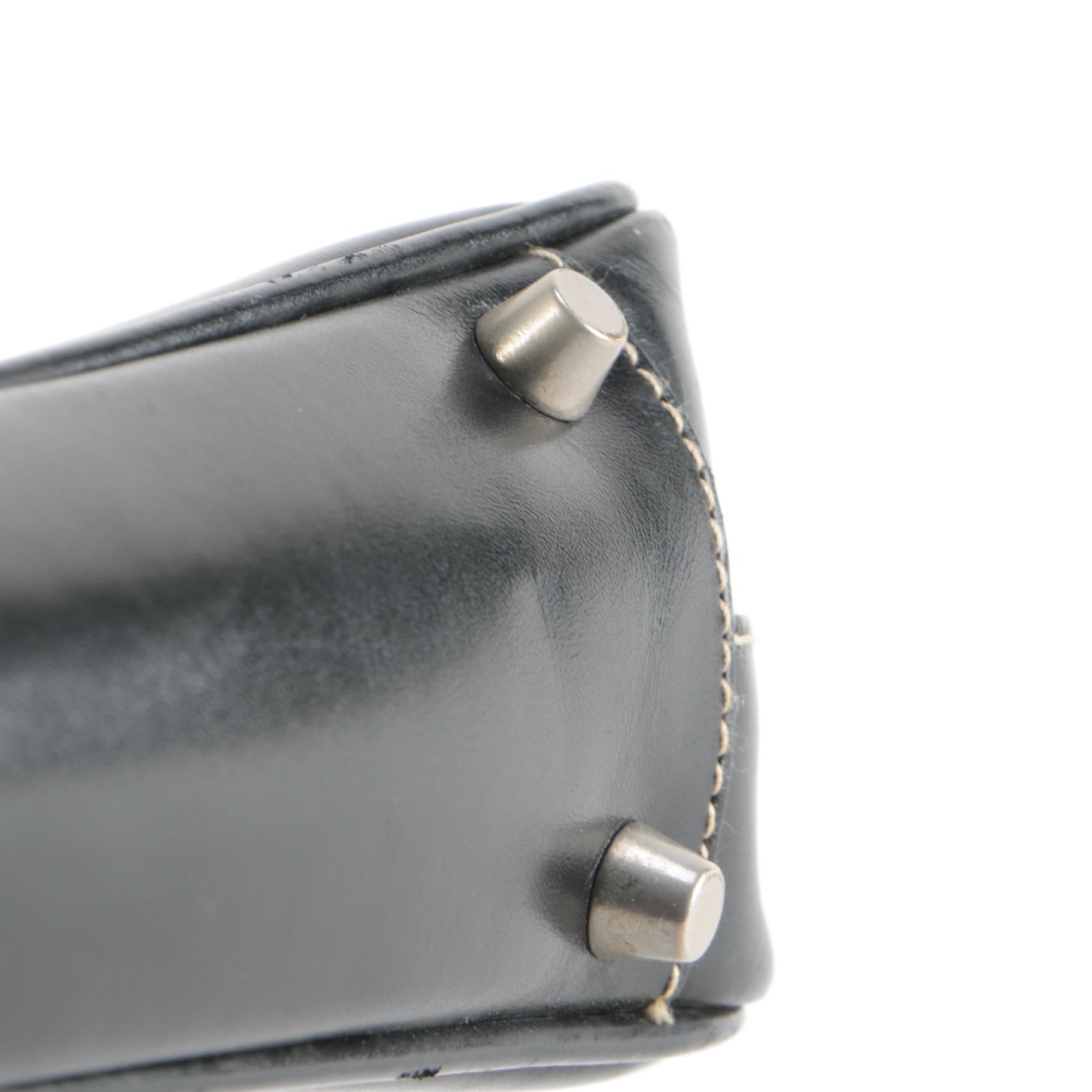 Prada Vitello Box Bauletto Bag in Black Leather with Contrast Stitching