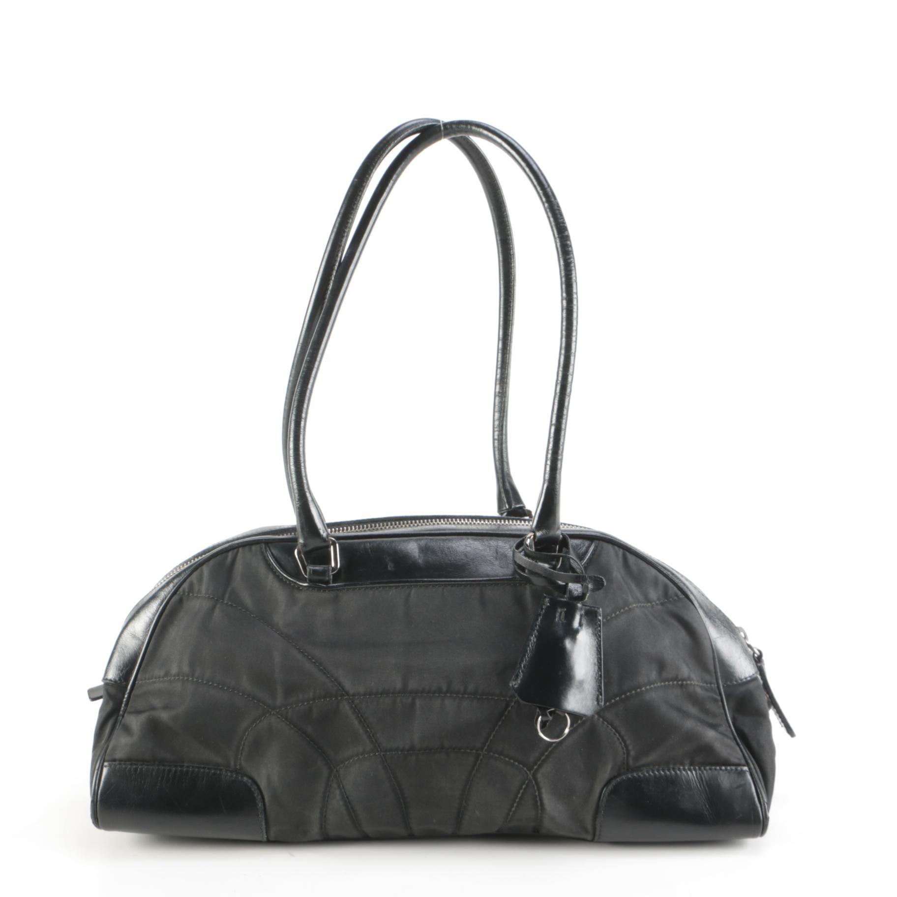 Prada Tessuto Stitch Bowling Bag in Black Nylon and Leather