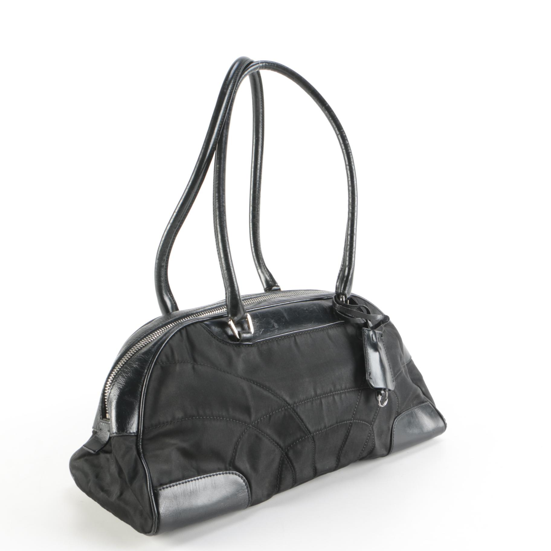Prada Tessuto Stitch Bowling Bag in Black Nylon and Leather
