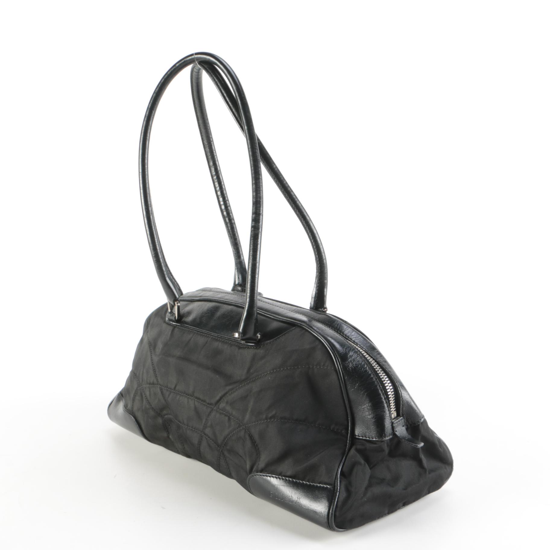 Prada Tessuto Stitch Bowling Bag in Black Nylon and Leather