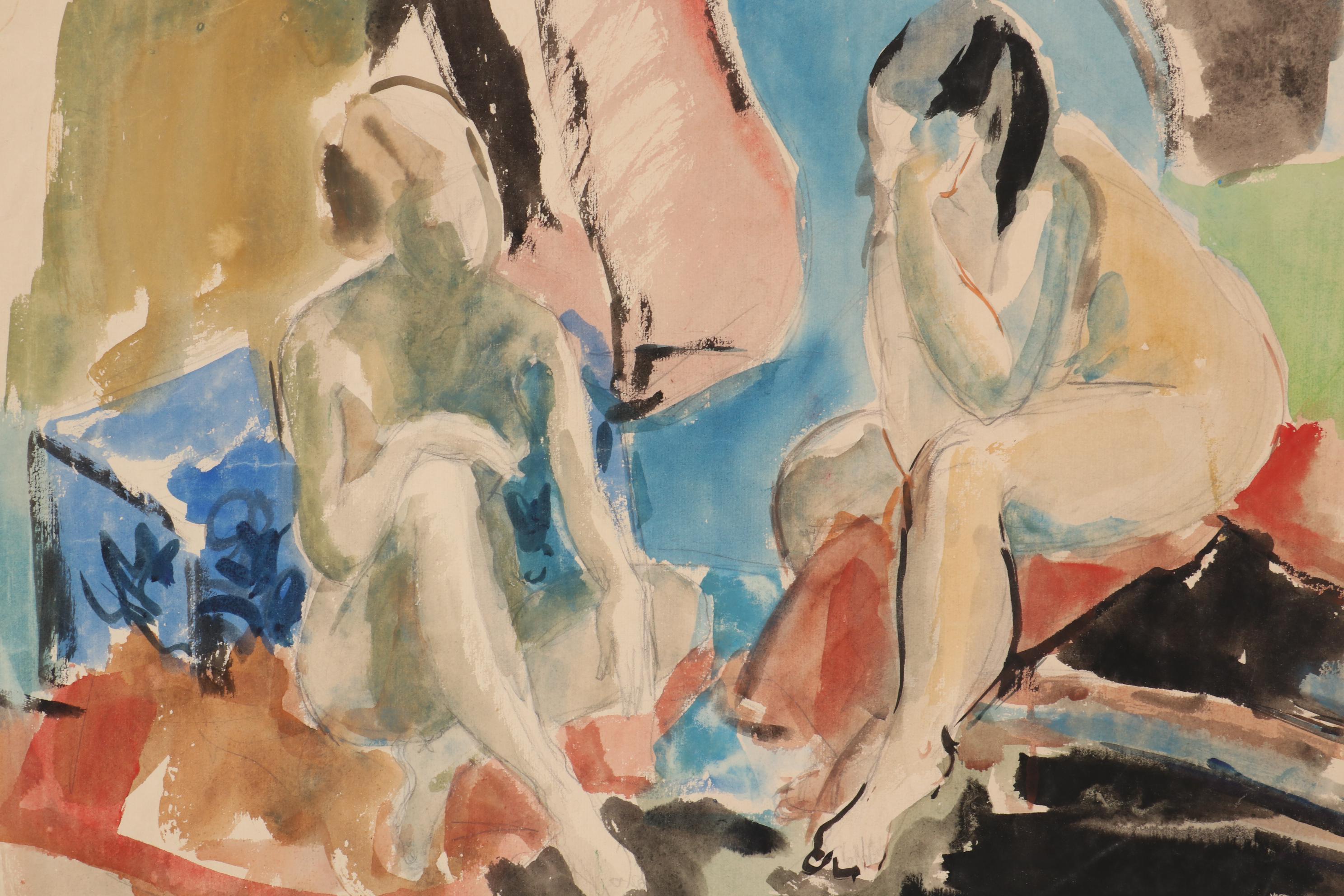 Yolanda Fusco Figurative Watercolor and Graphite Compositions, Mid-20th Century