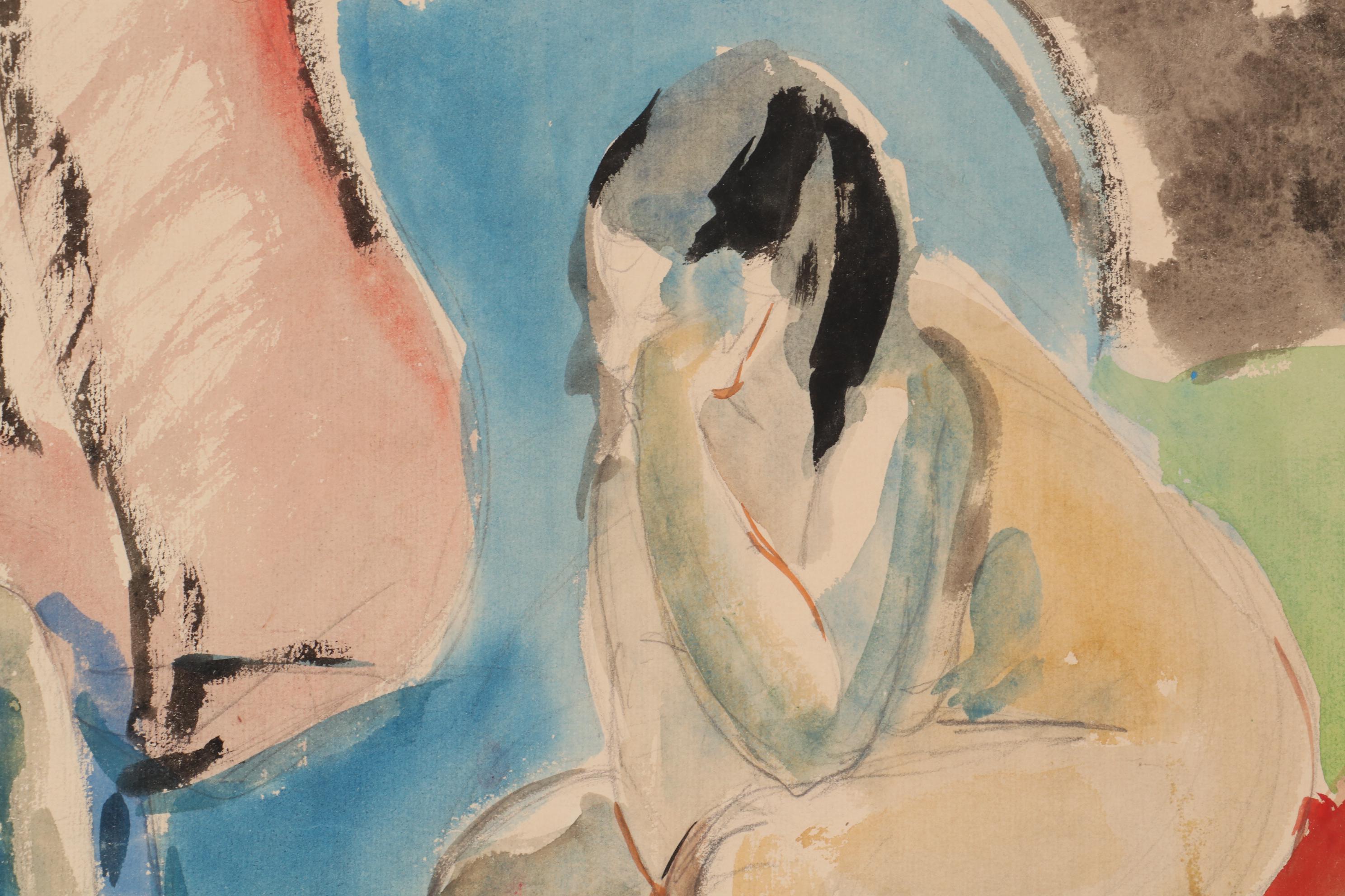 Yolanda Fusco Figurative Watercolor and Graphite Compositions, Mid-20th Century