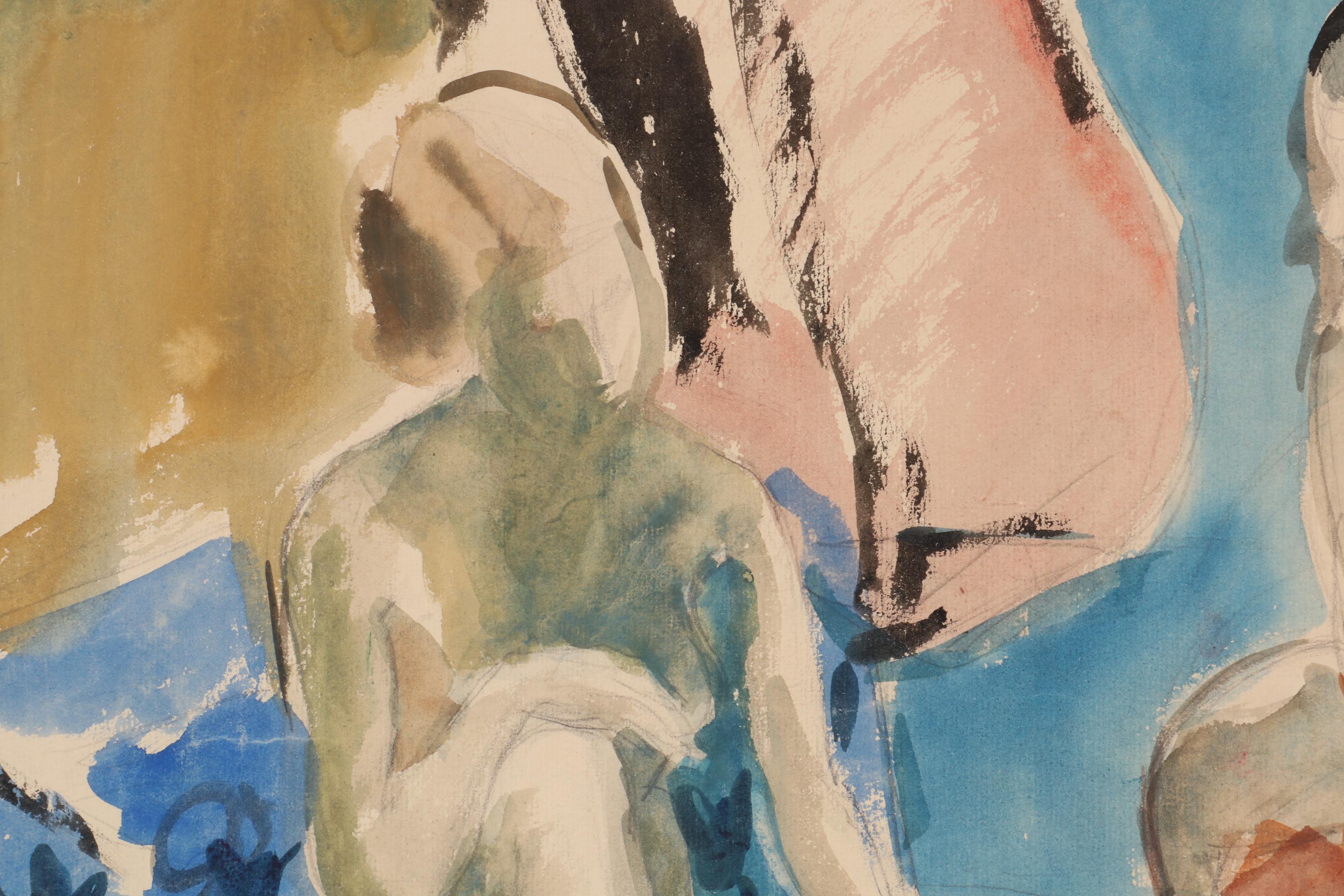 Yolanda Fusco Figurative Watercolor and Graphite Compositions, Mid-20th Century