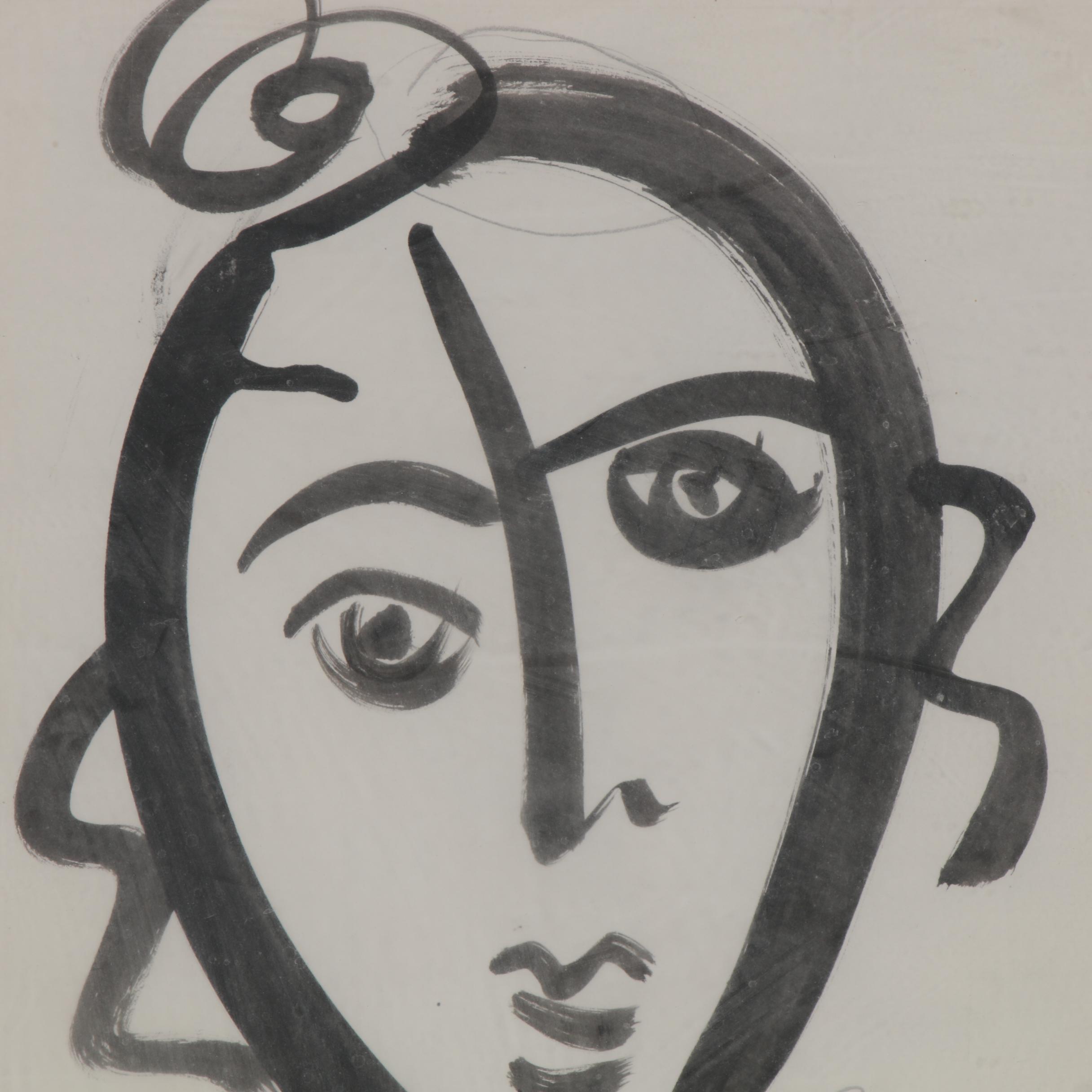 Peter Keil Abstract Portrait Ink Drawing, 1998