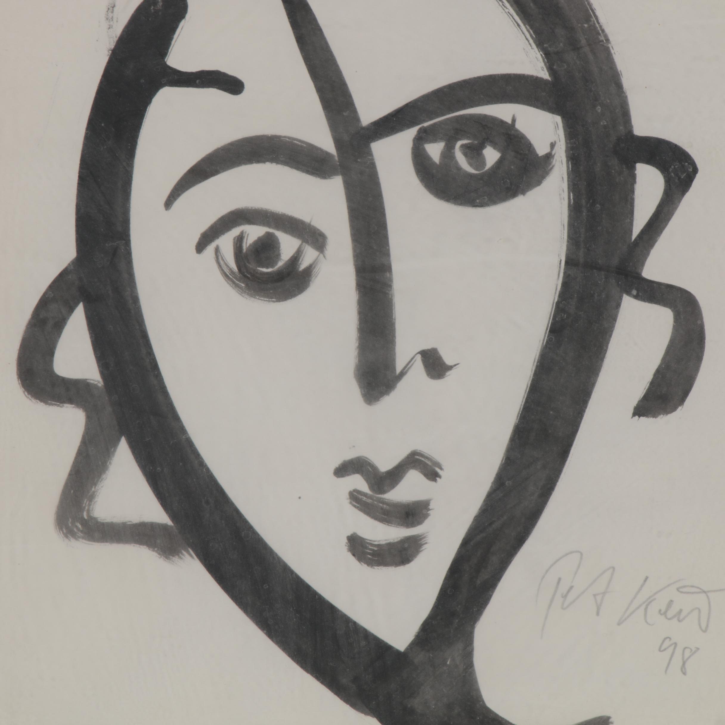Peter Keil Abstract Portrait Ink Drawing, 1998