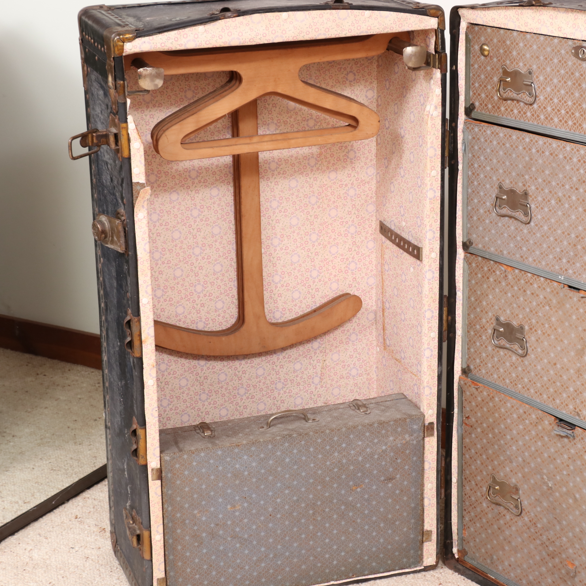 Upright Metal-Mounted Wood Steamer Trunk, Early 20th Century