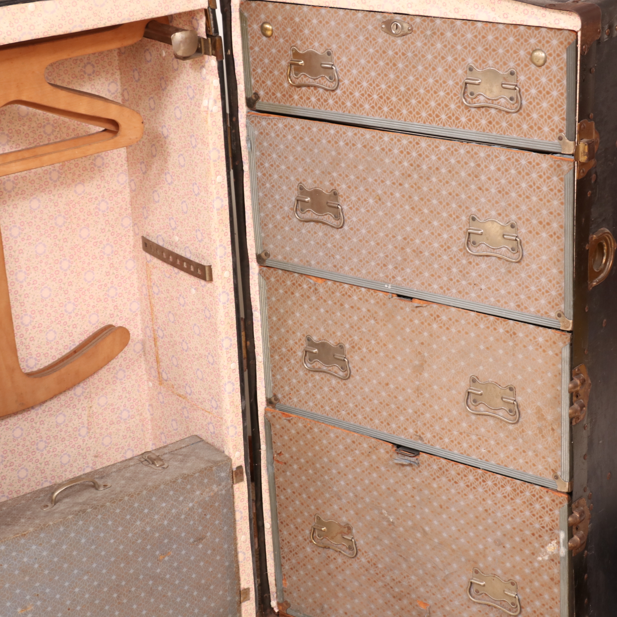 Upright Metal-Mounted Wood Steamer Trunk, Early 20th Century