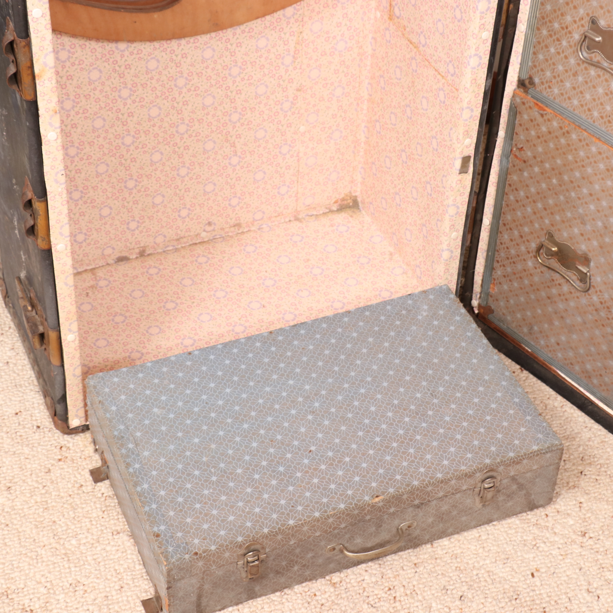 Upright Metal-Mounted Wood Steamer Trunk, Early 20th Century