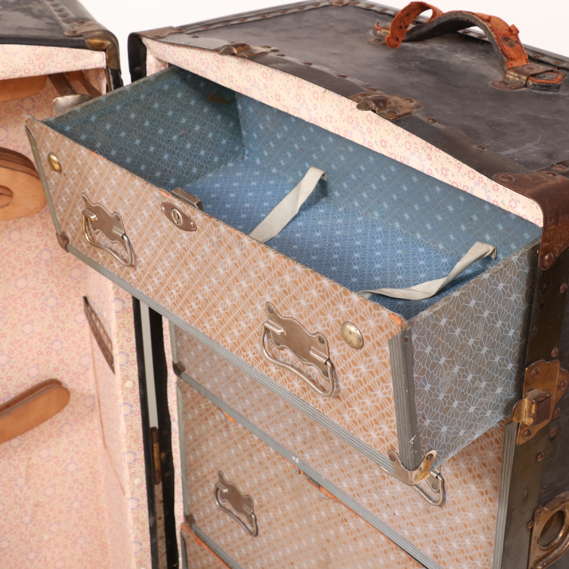 Upright Metal-Mounted Wood Steamer Trunk, Early 20th Century