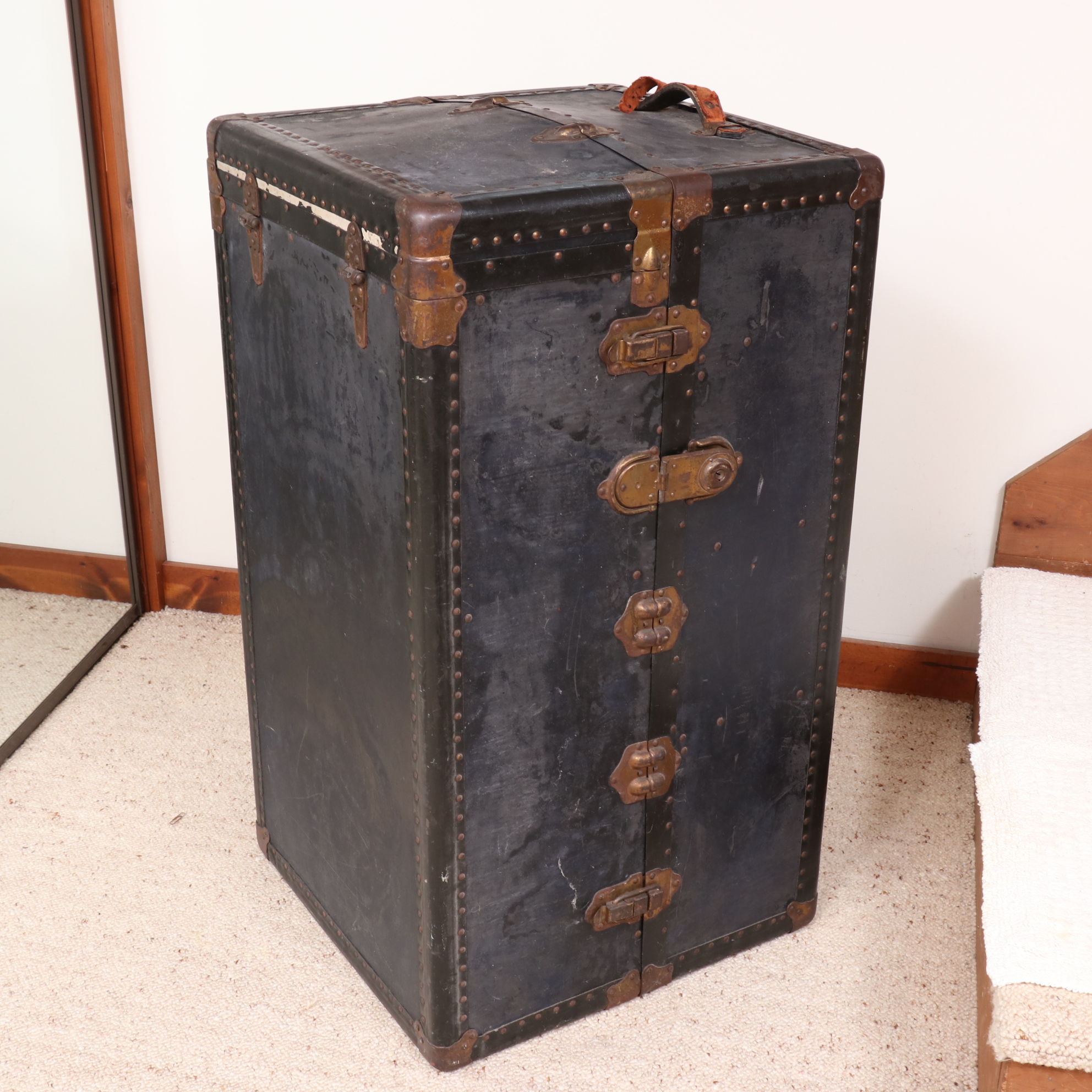 Upright Metal-Mounted Wood Steamer Trunk, Early 20th Century