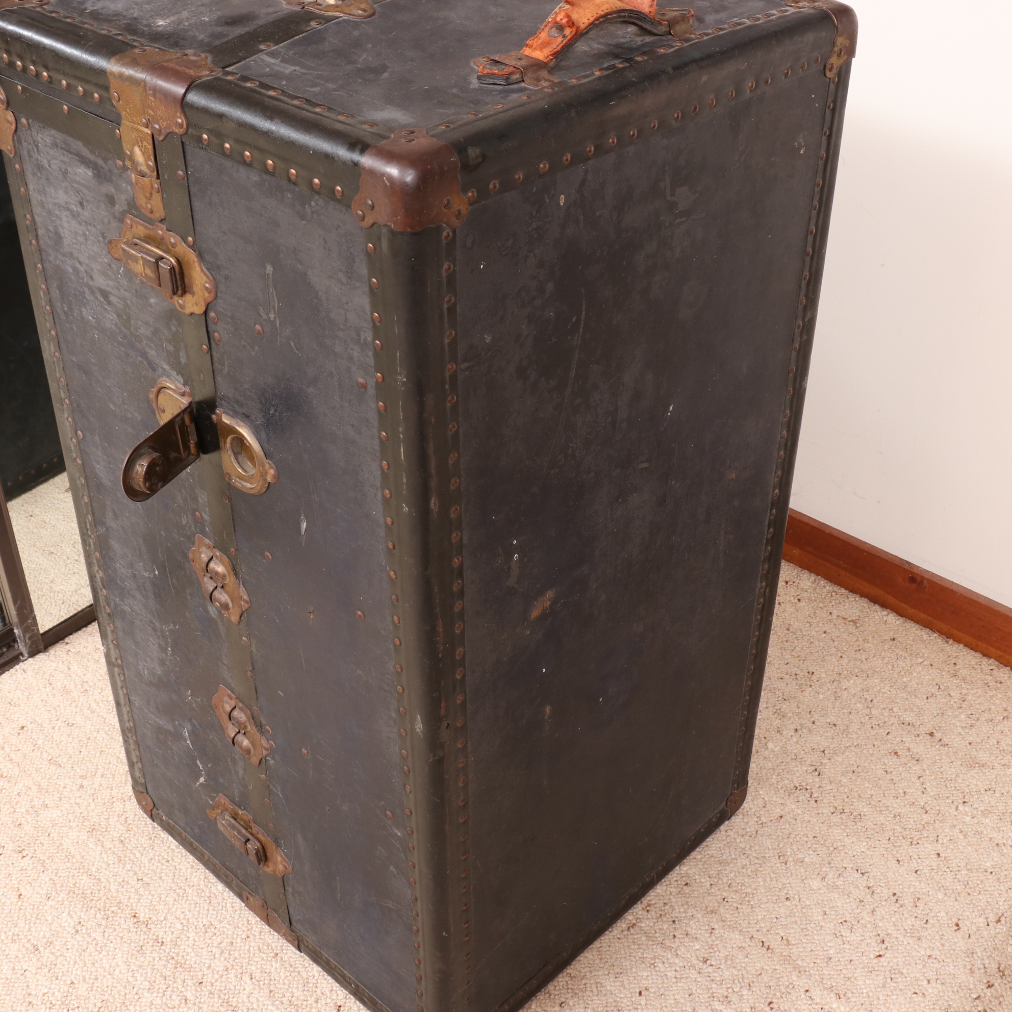 Upright Metal-Mounted Wood Steamer Trunk, Early 20th Century