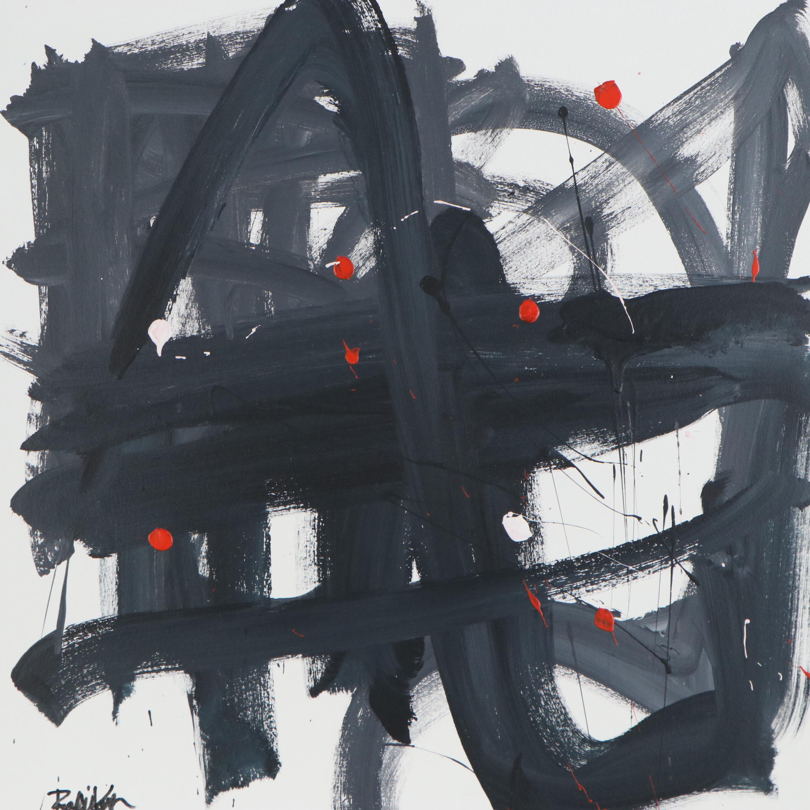 Robbie Kemper Abstract Acrylic Painting "Gray Moving Orange Dots," 21st Century