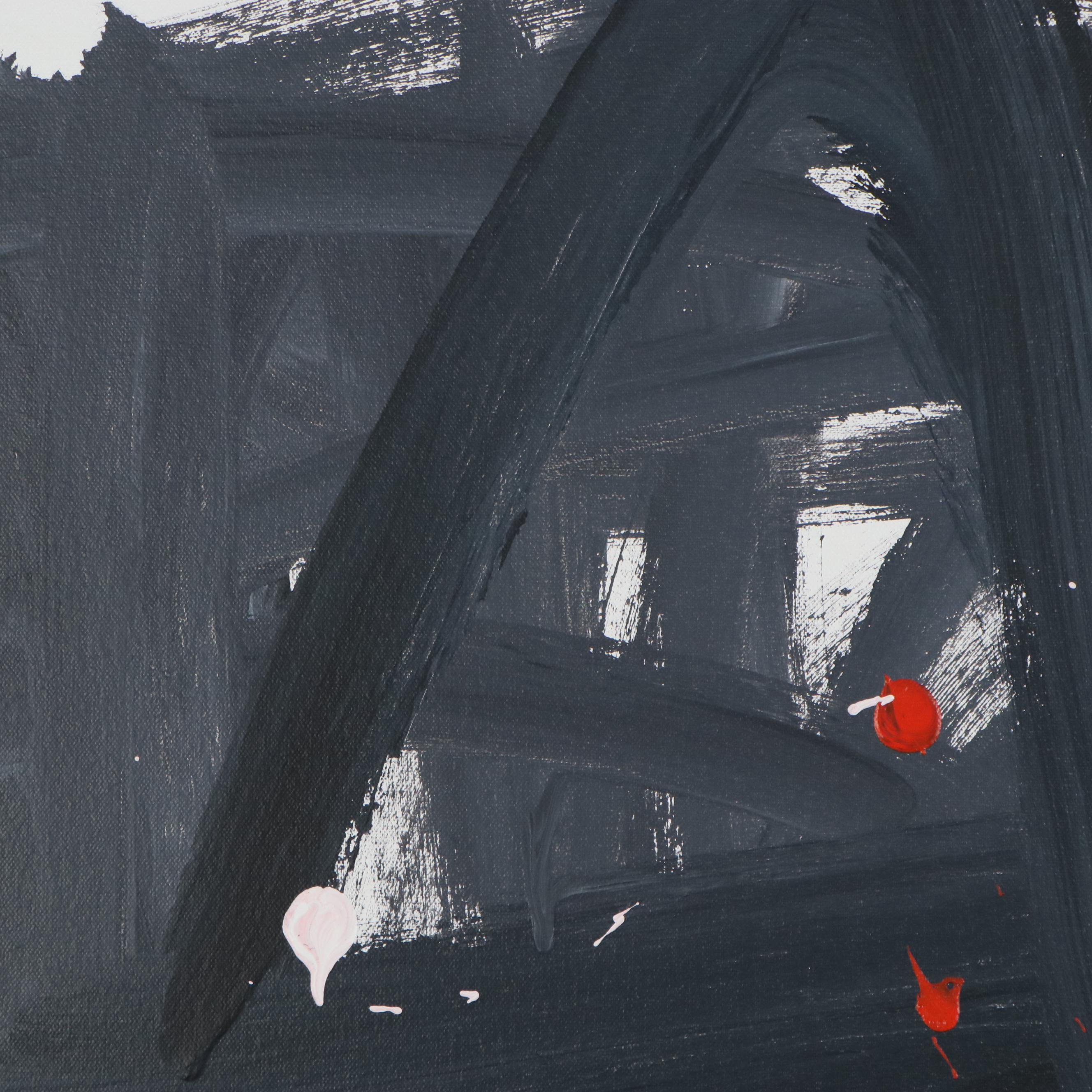 Robbie Kemper Abstract Acrylic Painting "Gray Moving Orange Dots," 21st Century