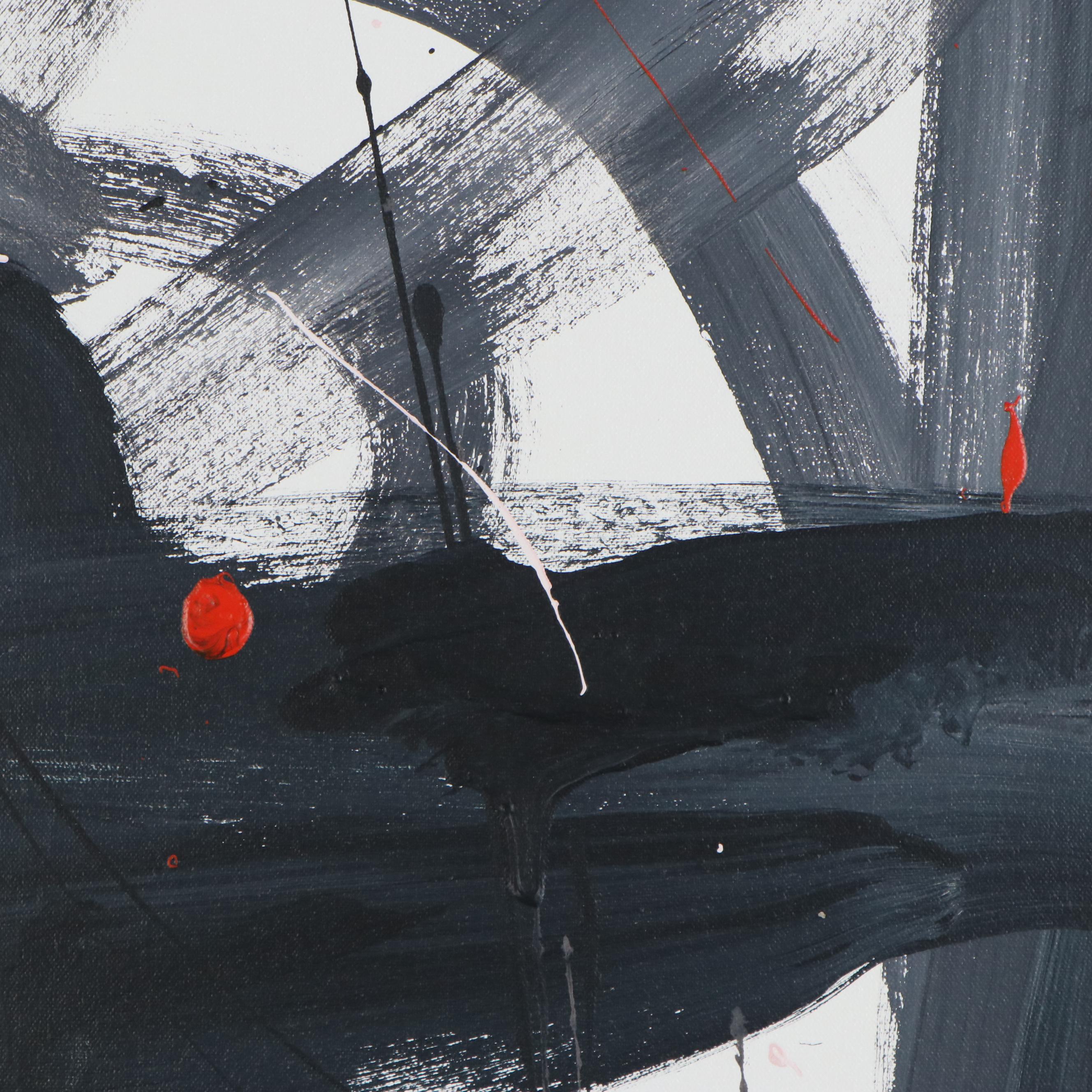Robbie Kemper Abstract Acrylic Painting "Gray Moving Orange Dots," 21st Century