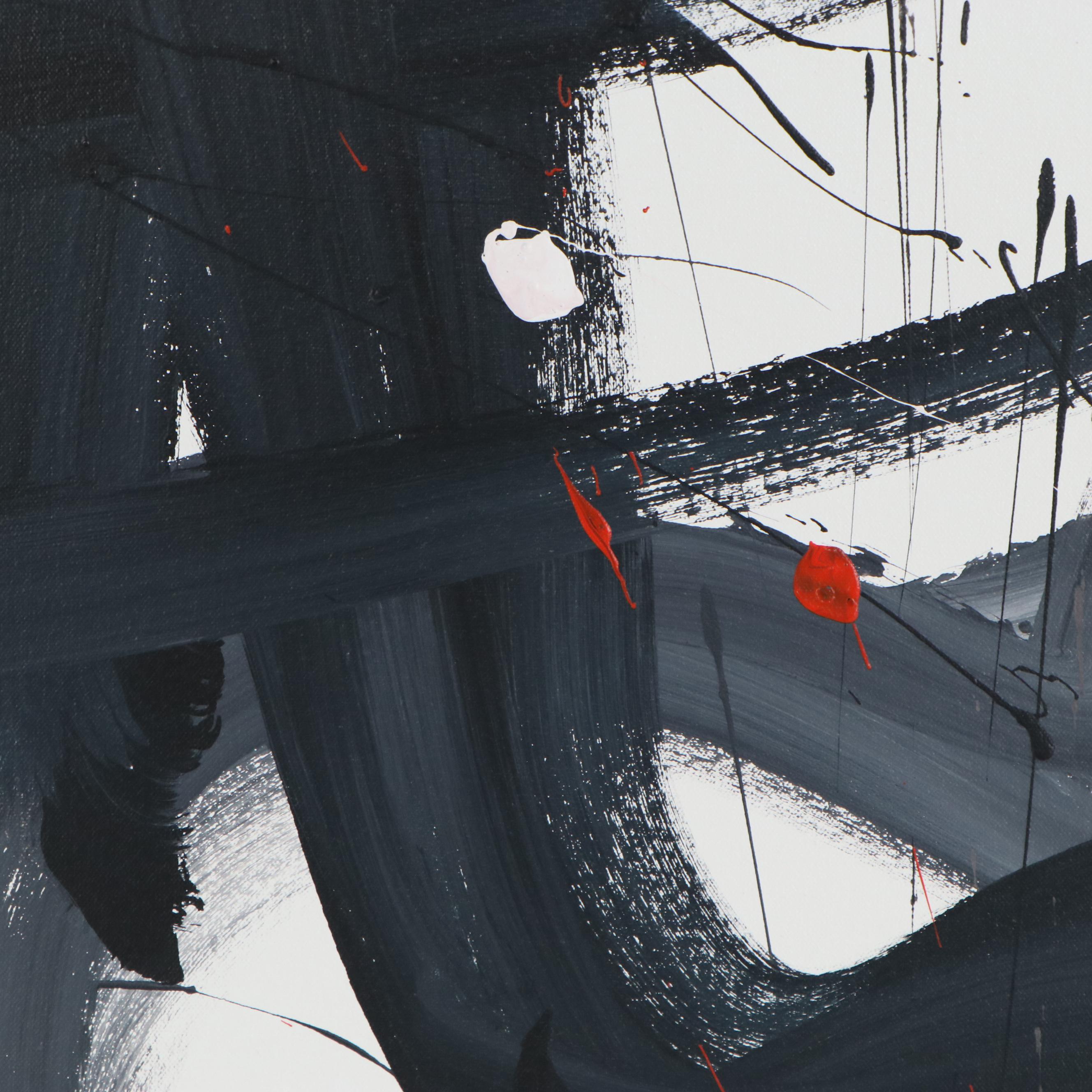 Robbie Kemper Abstract Acrylic Painting "Gray Moving Orange Dots," 21st Century