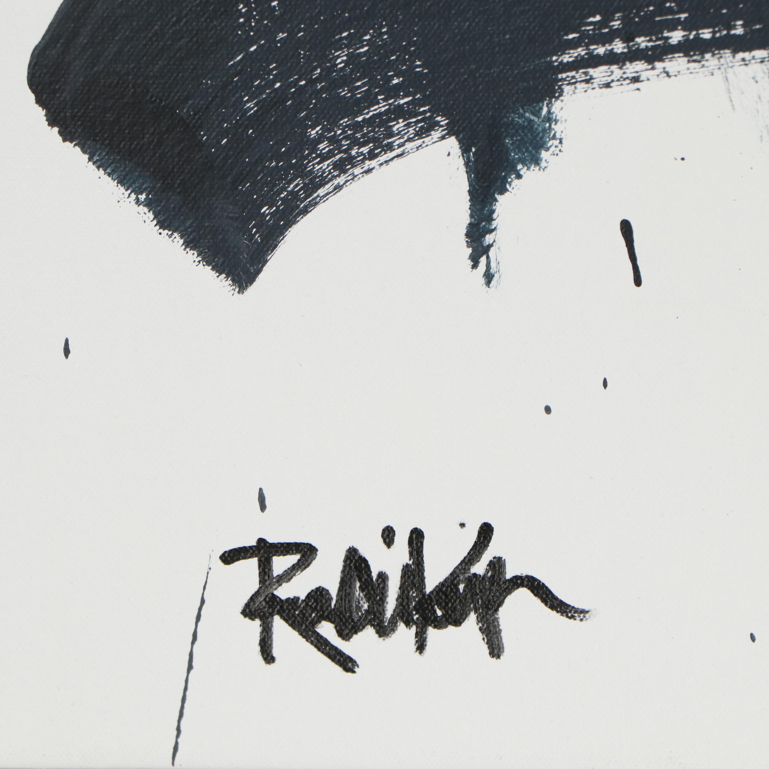 Robbie Kemper Abstract Acrylic Painting "Gray Moving Orange Dots," 21st Century