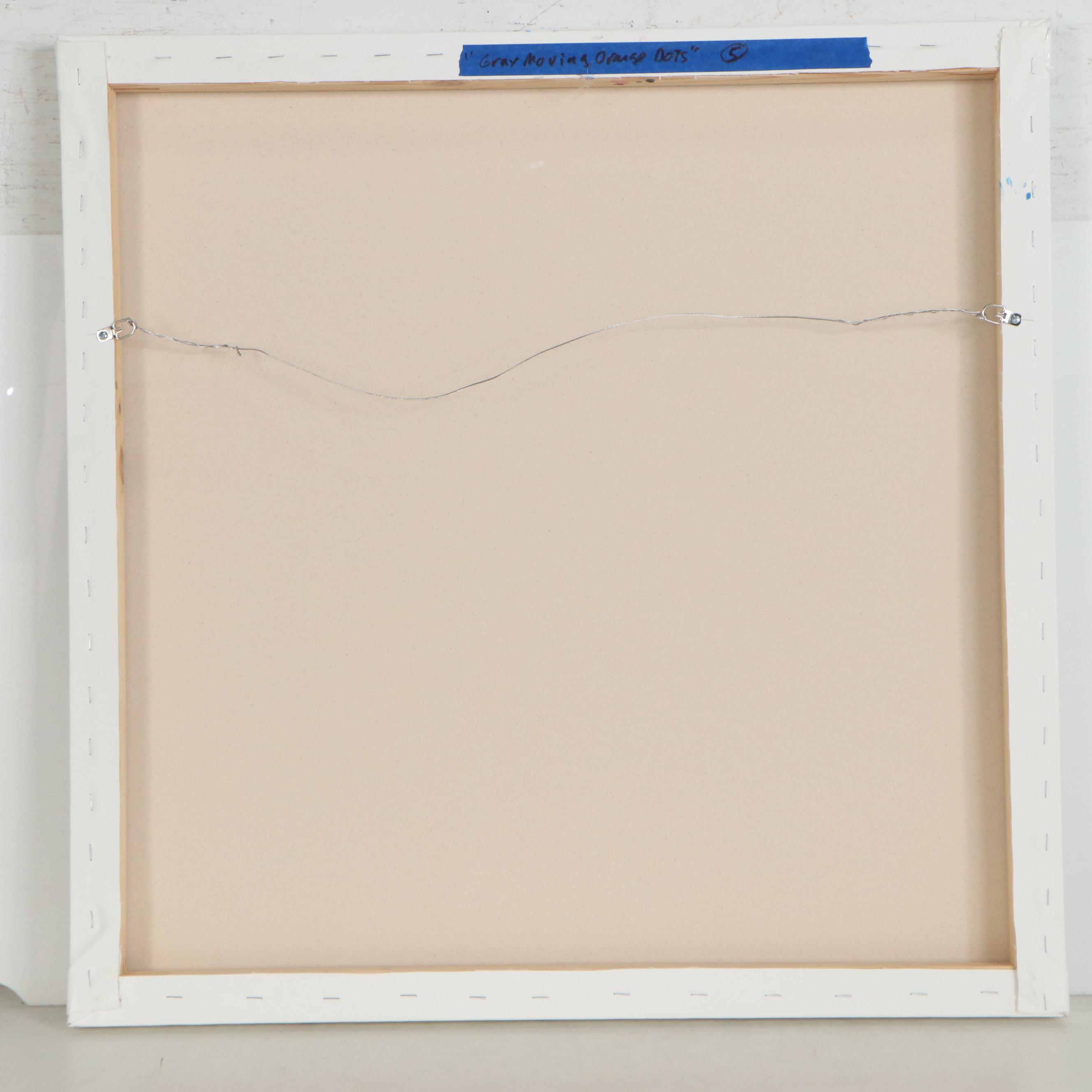 Robbie Kemper Abstract Acrylic Painting "Gray Moving Orange Dots," 21st Century