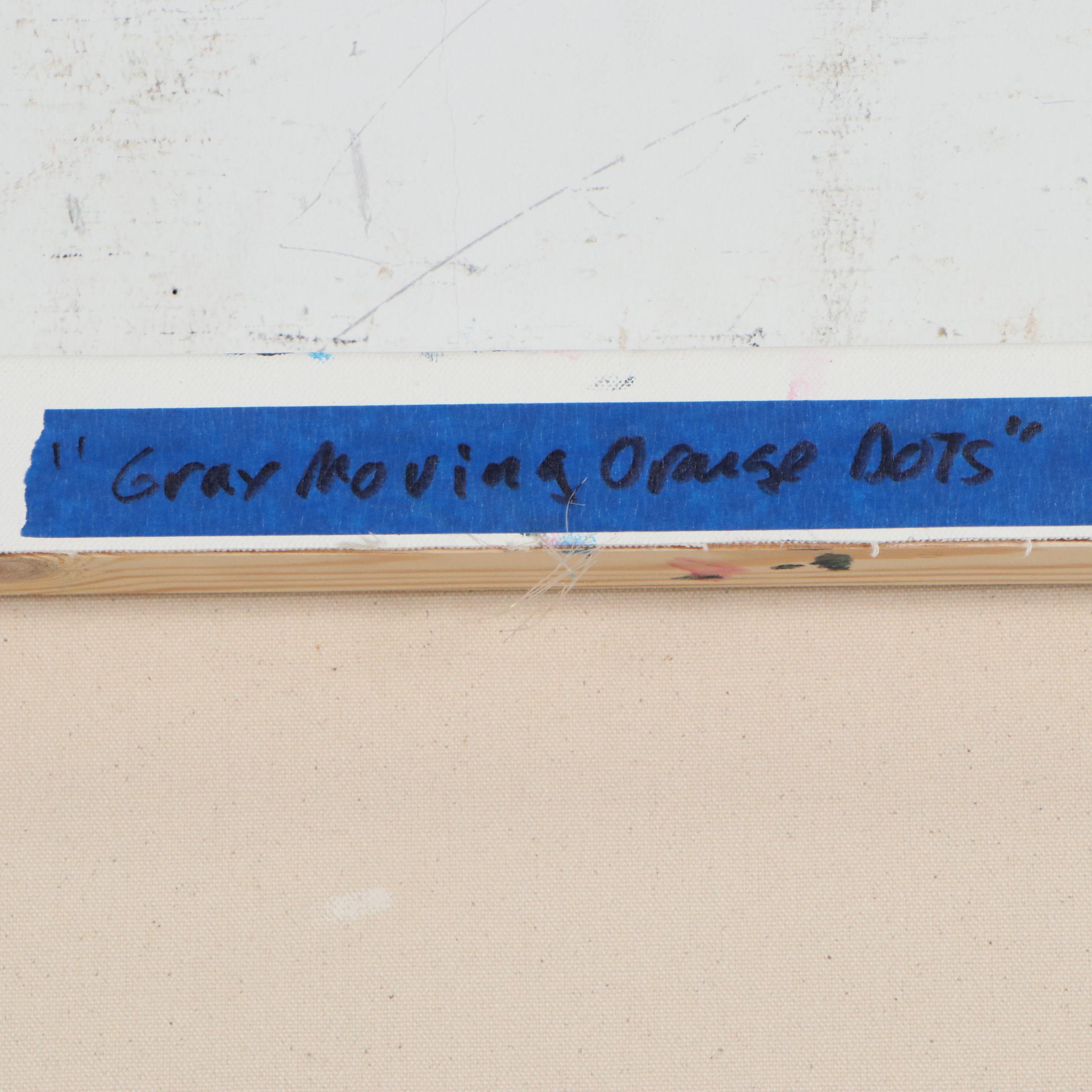 Robbie Kemper Abstract Acrylic Painting "Gray Moving Orange Dots," 21st Century