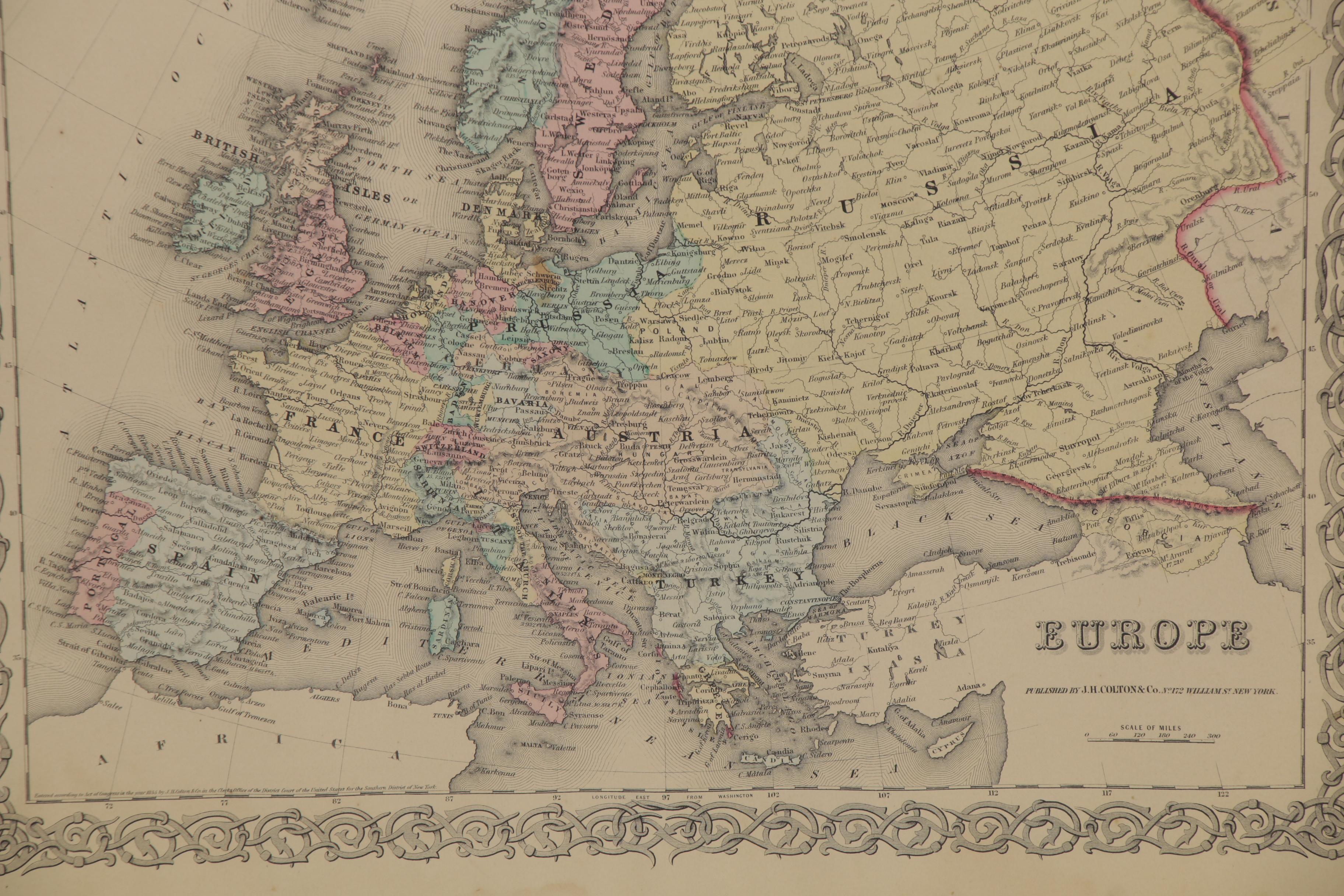 George W. Colton Hand-Colored Engraving Map "Europe," 1855