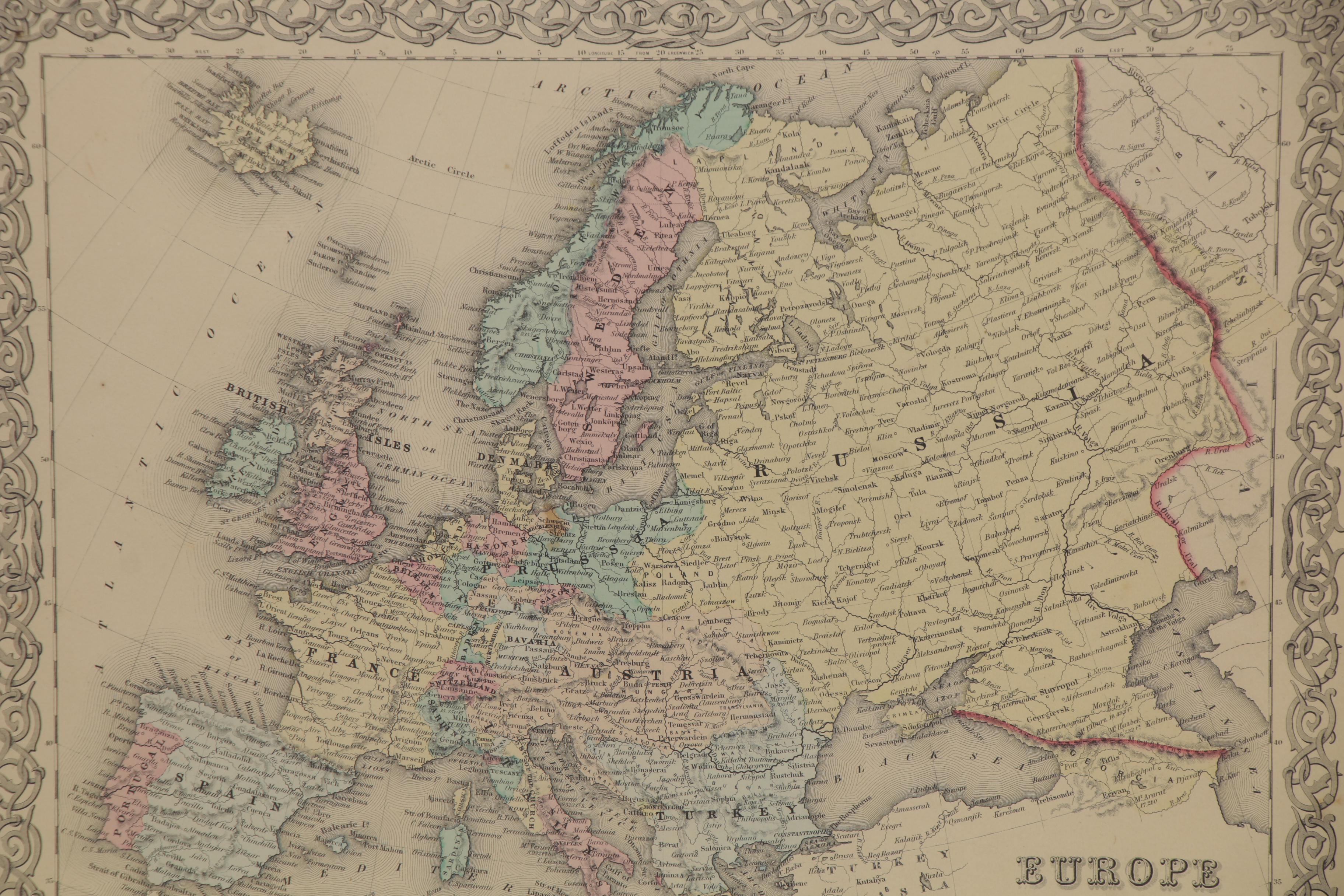 George W. Colton Hand-Colored Engraving Map "Europe," 1855