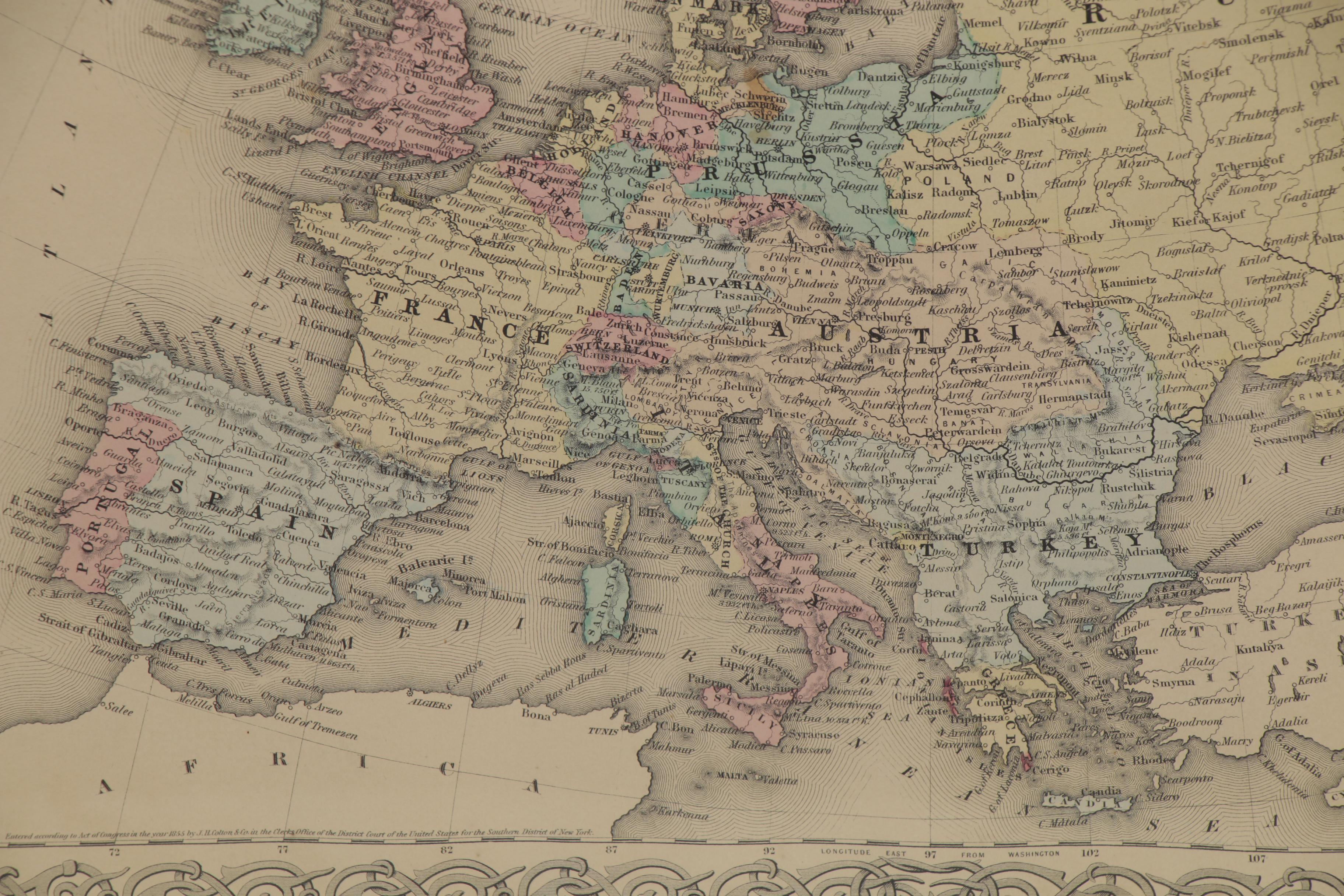 George W. Colton Hand-Colored Engraving Map "Europe," 1855