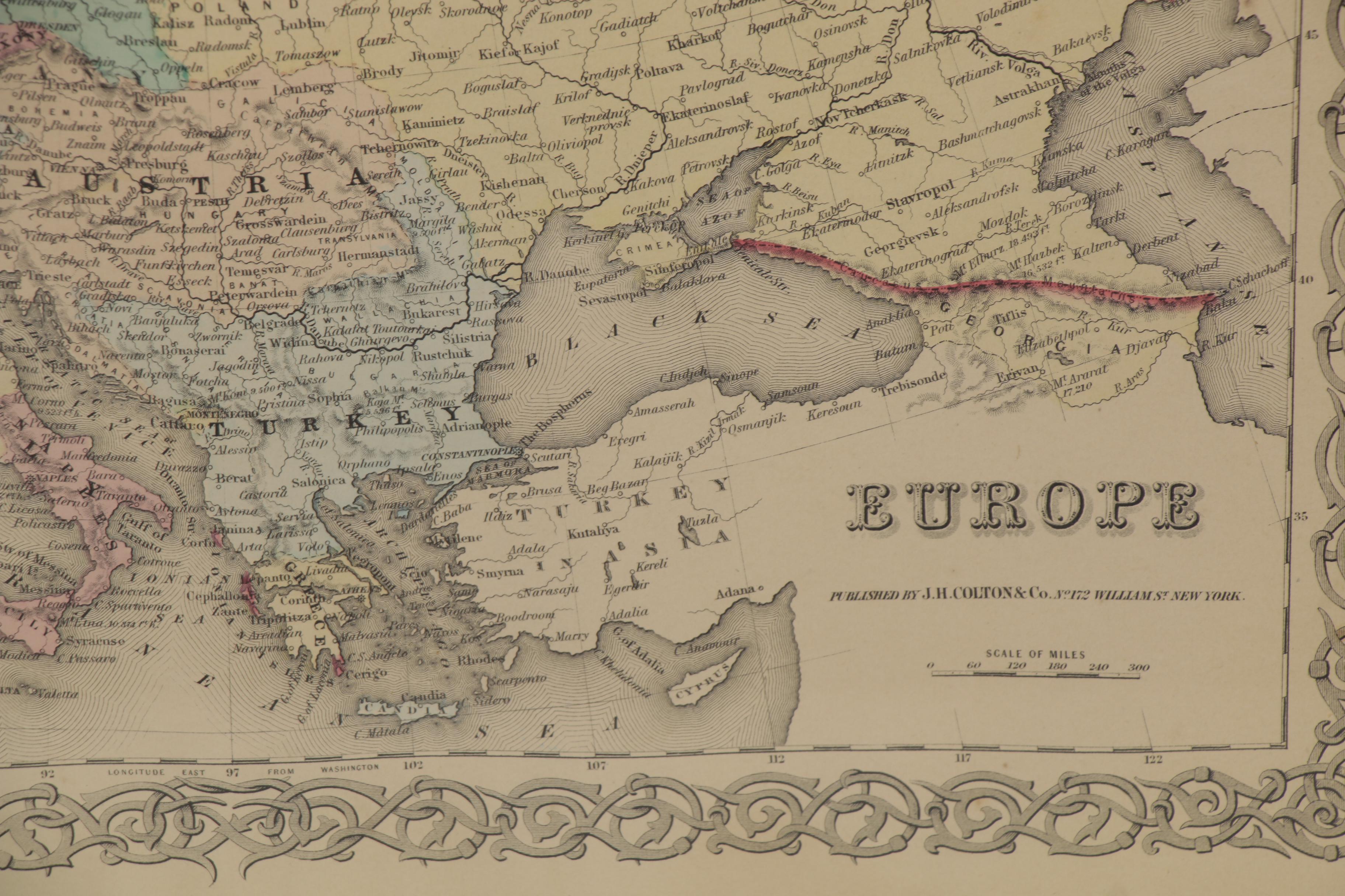 George W. Colton Hand-Colored Engraving Map "Europe," 1855