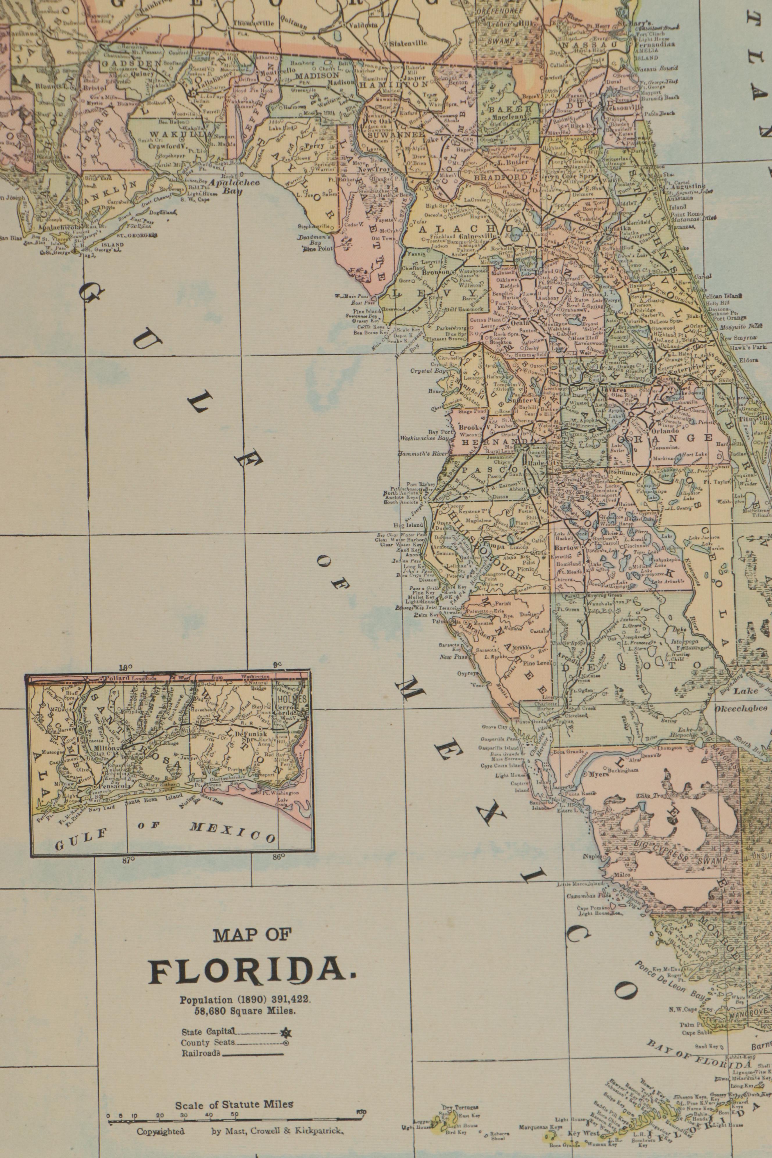Wax Engraving Railroad Map of Florida, 1900