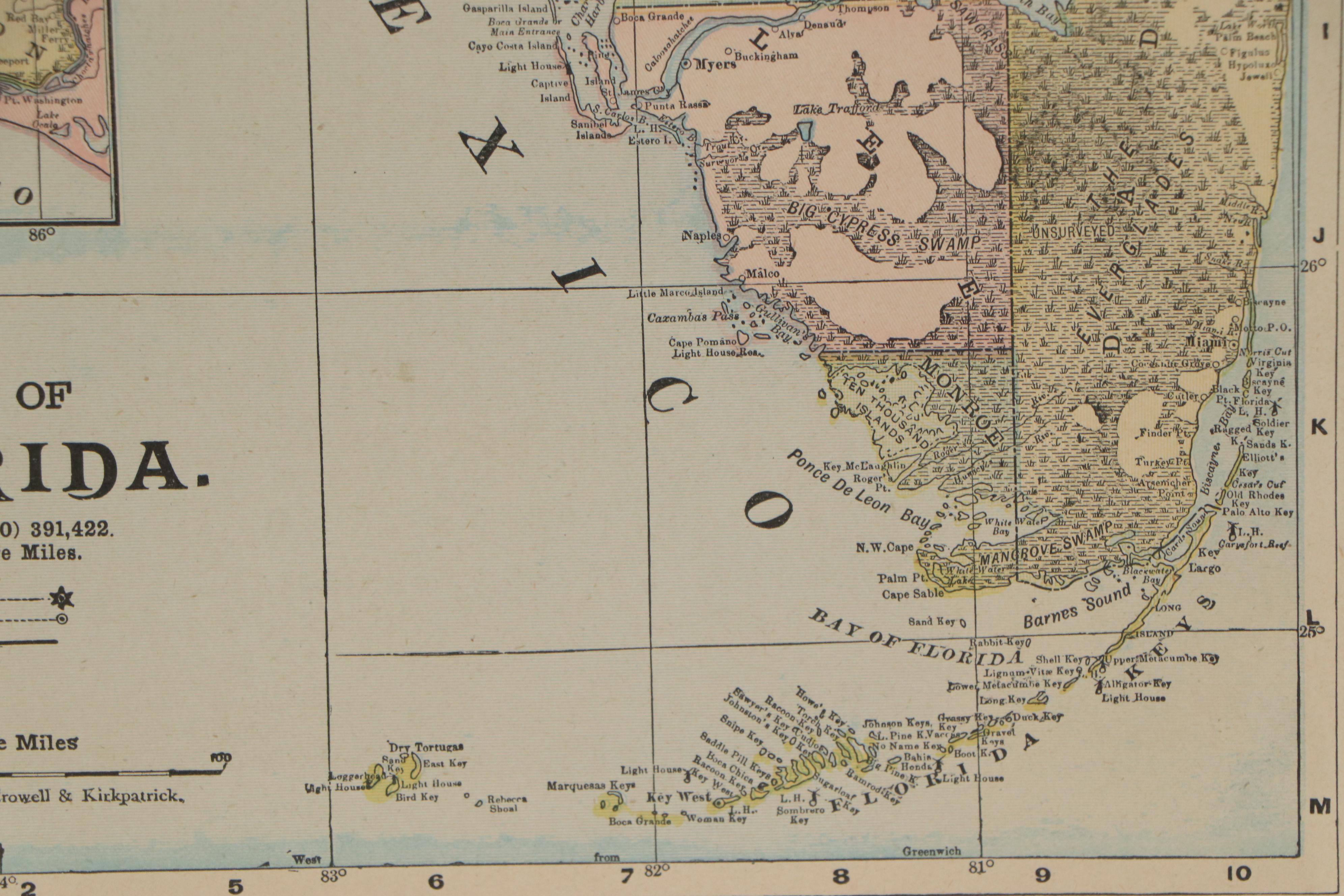 Wax Engraving Railroad Map of Florida, 1900
