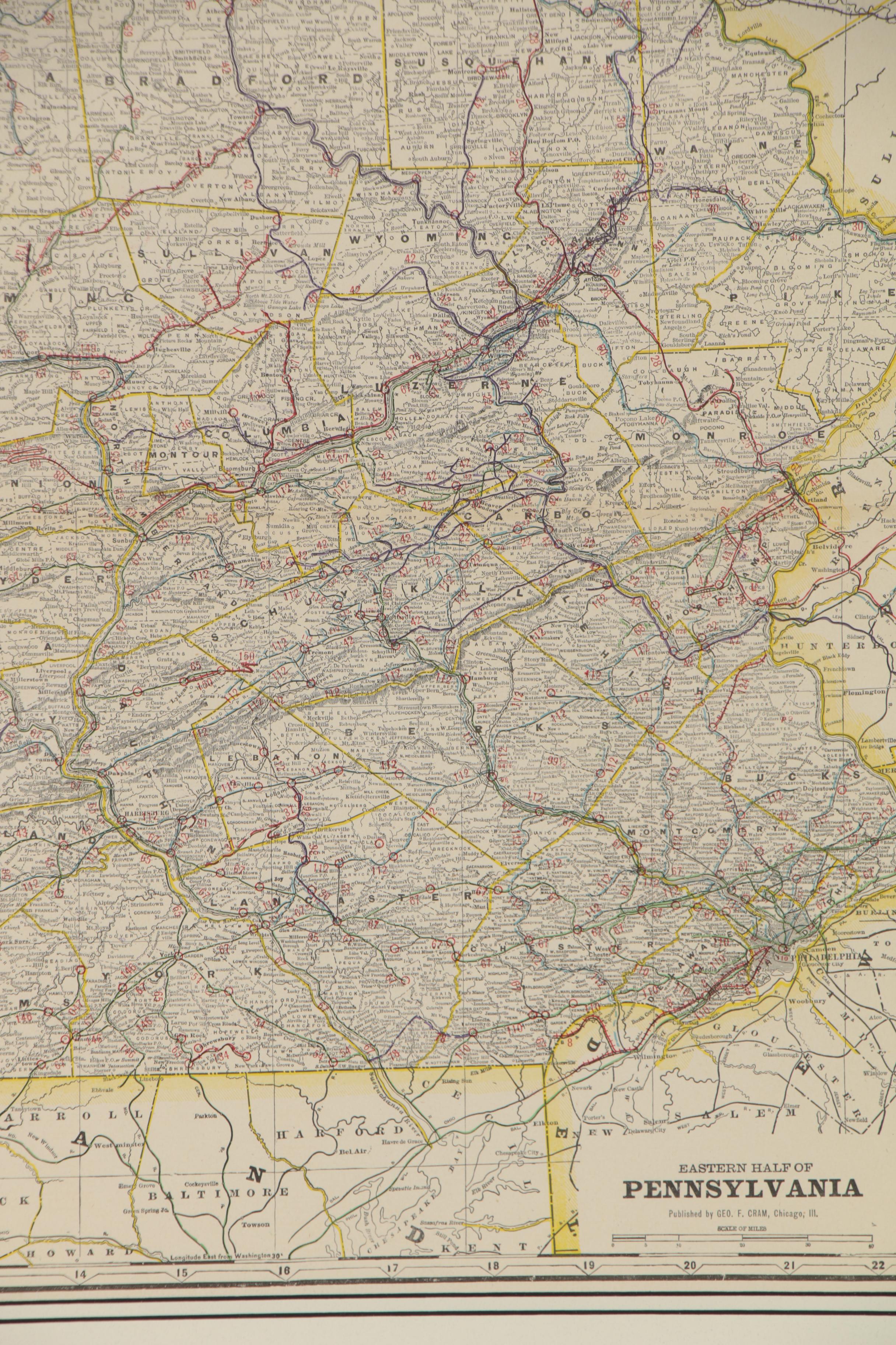 George F. Cram Wax Engraving Railway Map of Eastern Pennsylvania