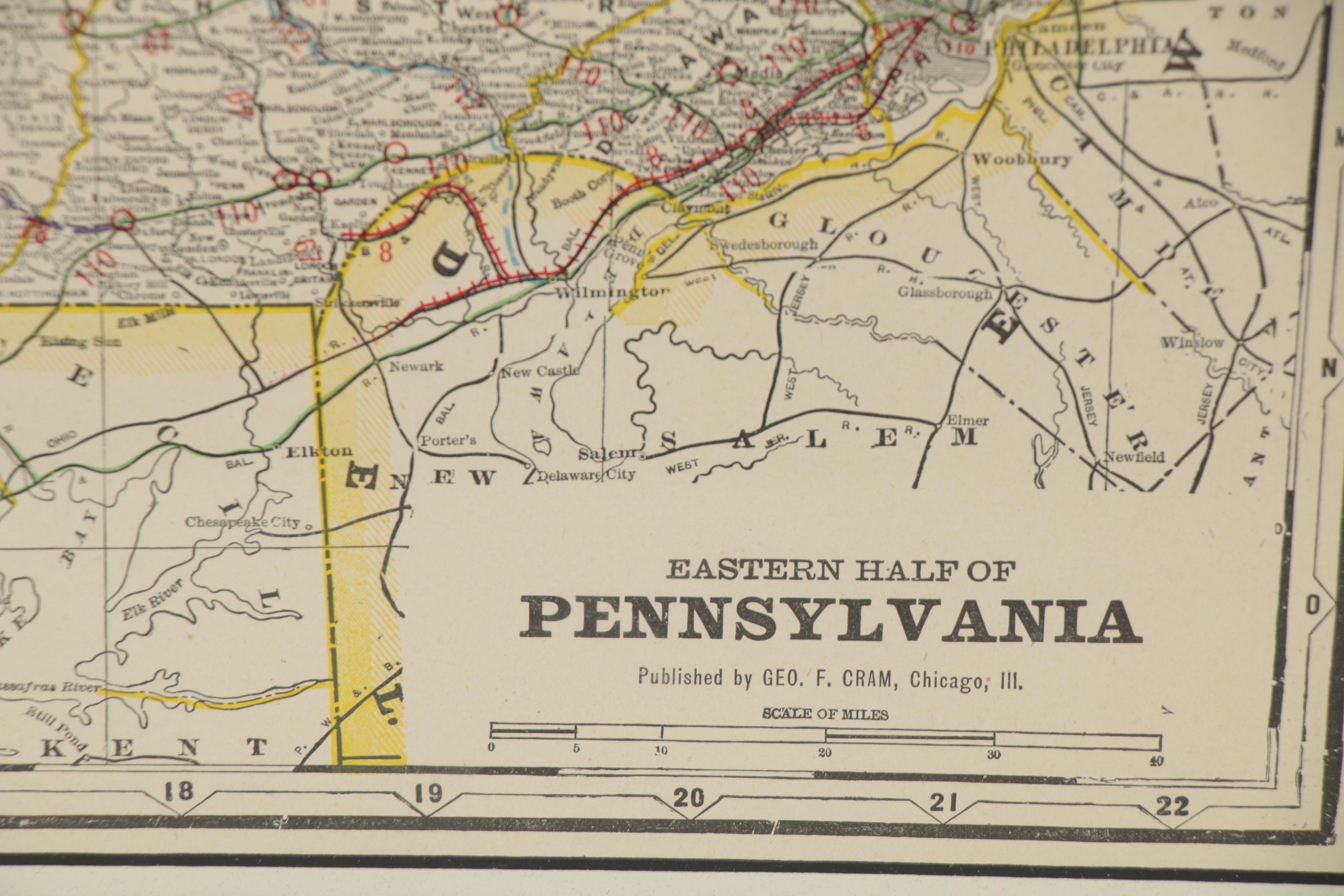 George F. Cram Wax Engraving Railway Map of Eastern Pennsylvania