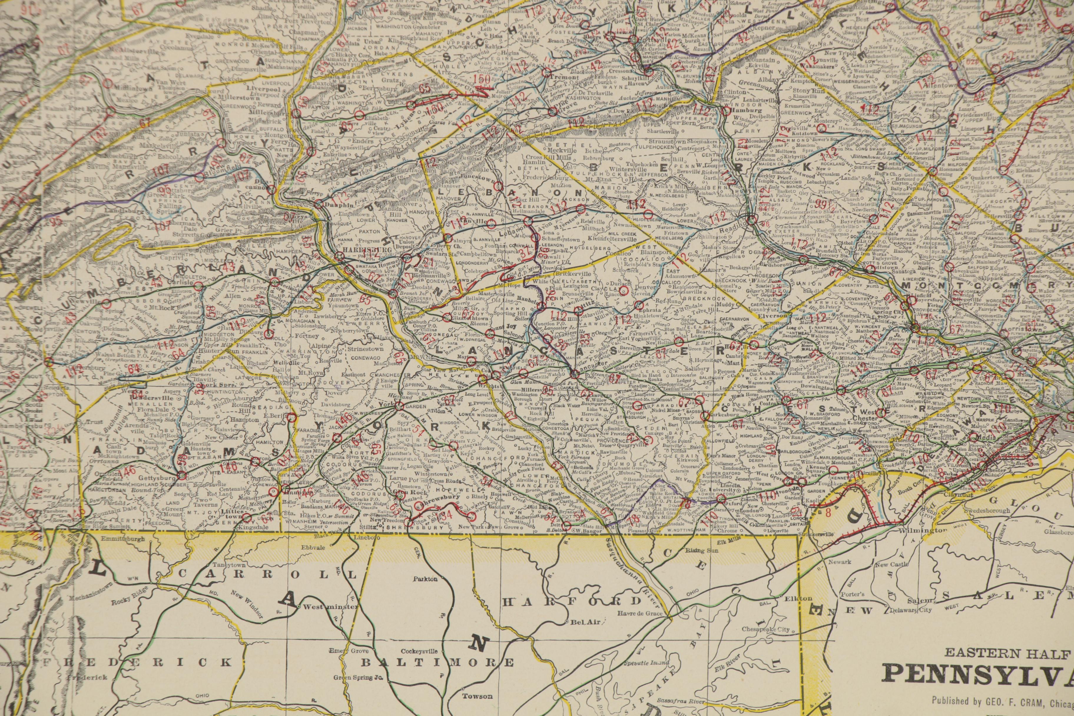 George F. Cram Wax Engraving Railway Map of Eastern Pennsylvania