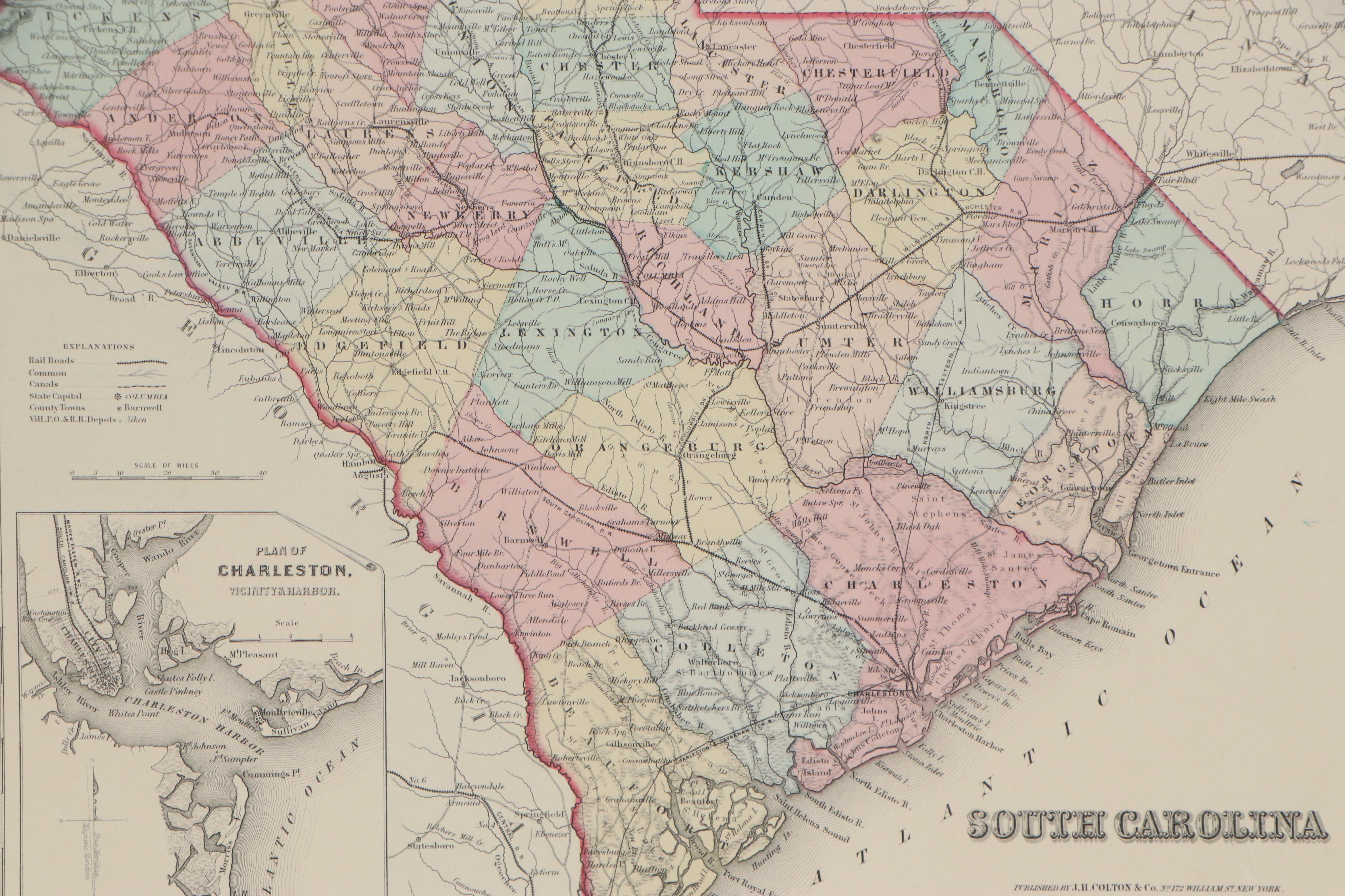 George W. Colton Hand-Colored Engraving Map "South Carolina," 1855
