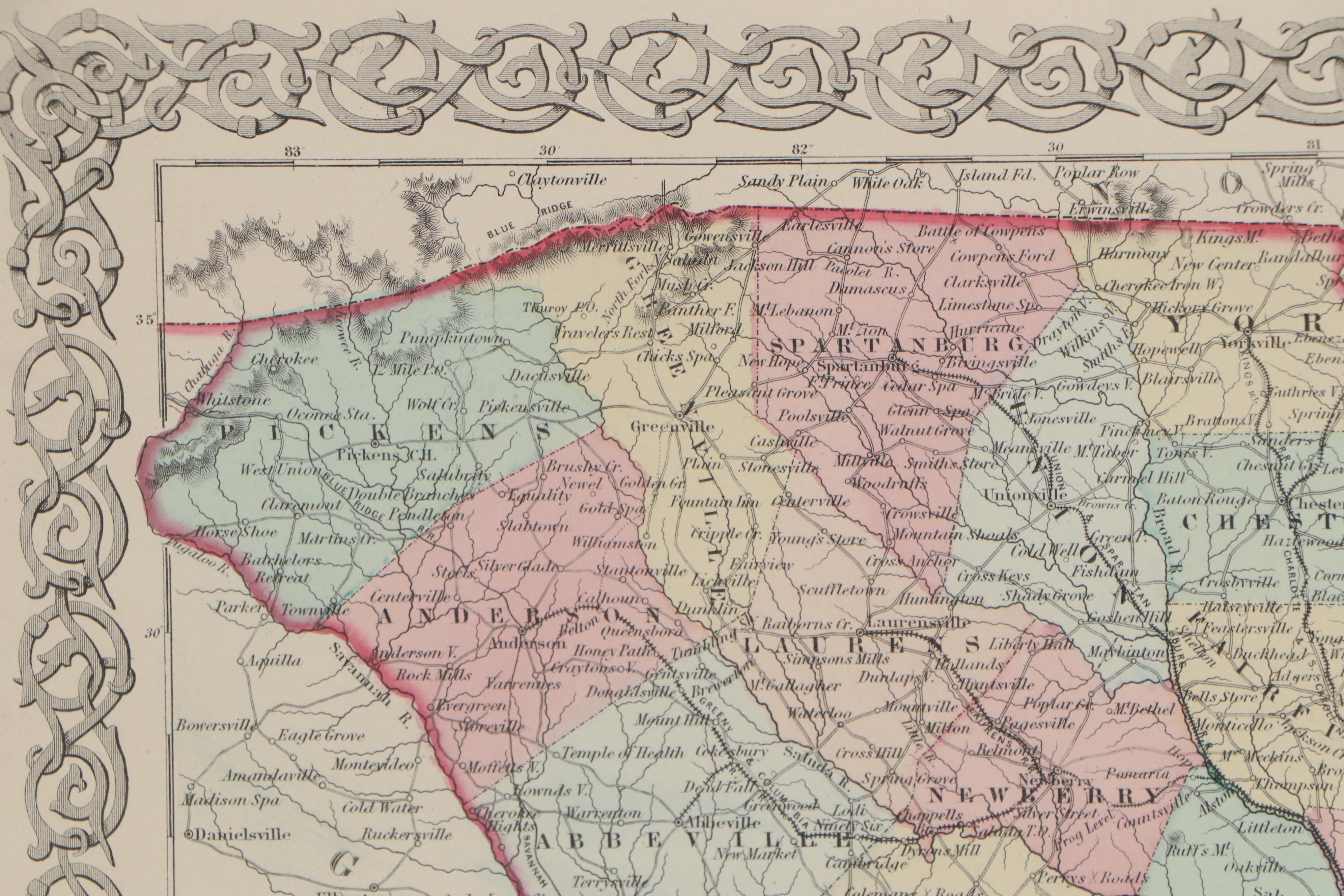 George W. Colton Hand-Colored Engraving Map "South Carolina," 1855