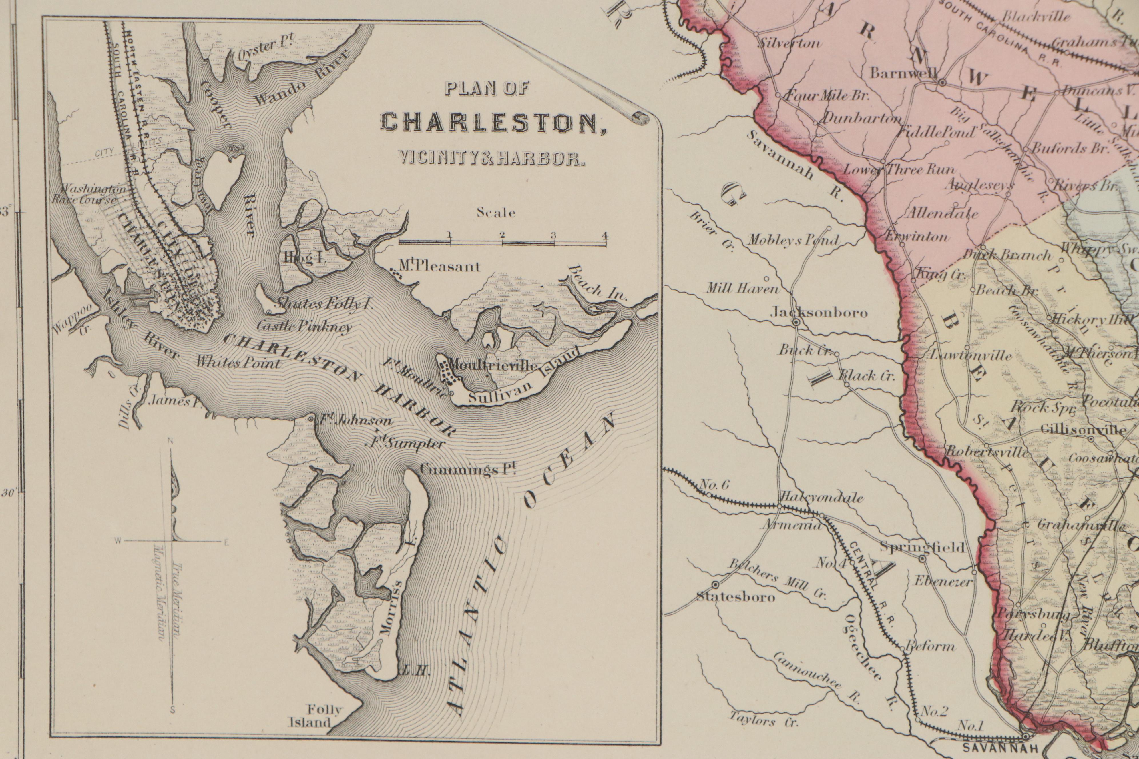 George W. Colton Hand-Colored Engraving Map "South Carolina," 1855