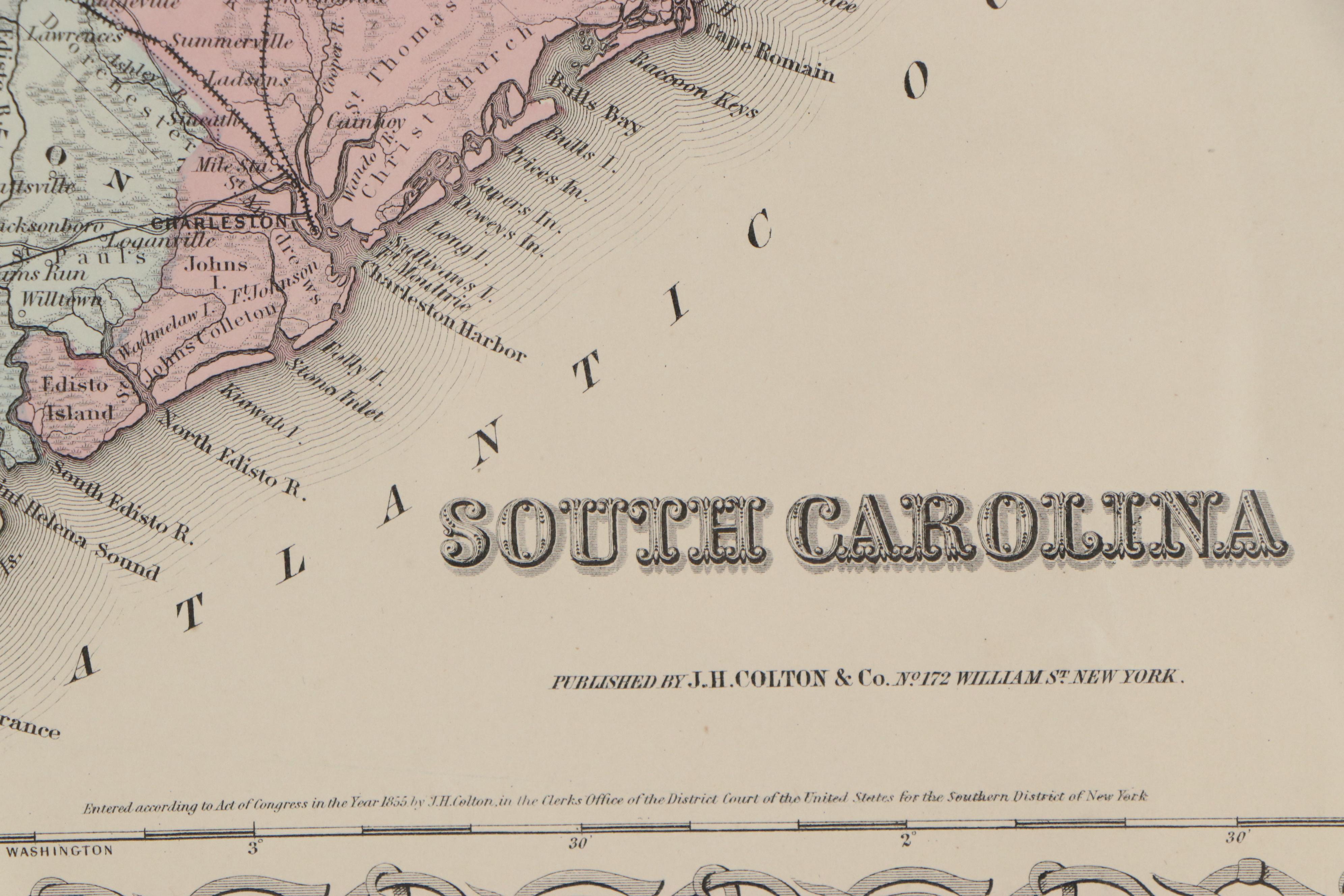 George W. Colton Hand-Colored Engraving Map "South Carolina," 1855