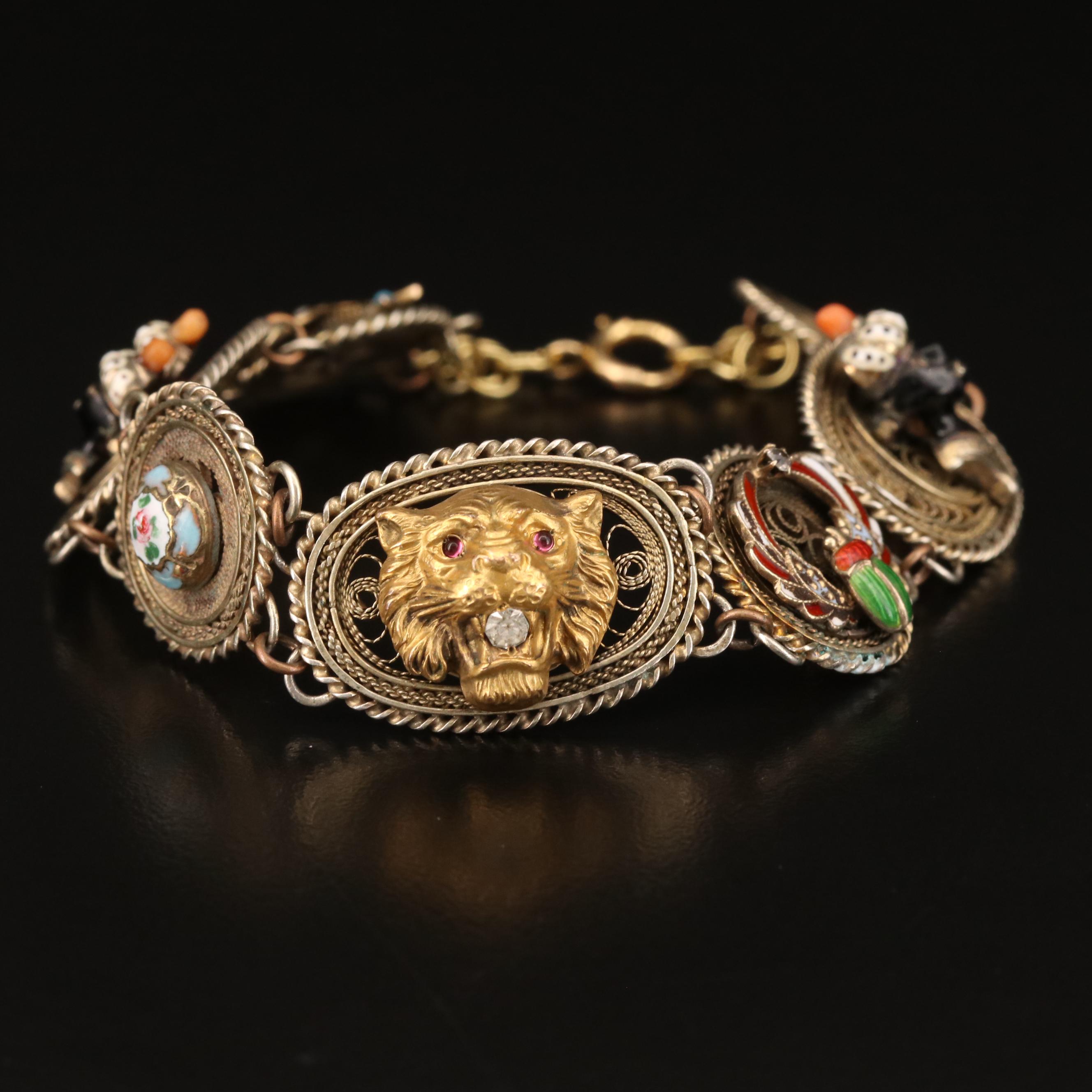 Vintage Sterling and 14K Enamel and Glass Filigree Panel Bracelet with Charms