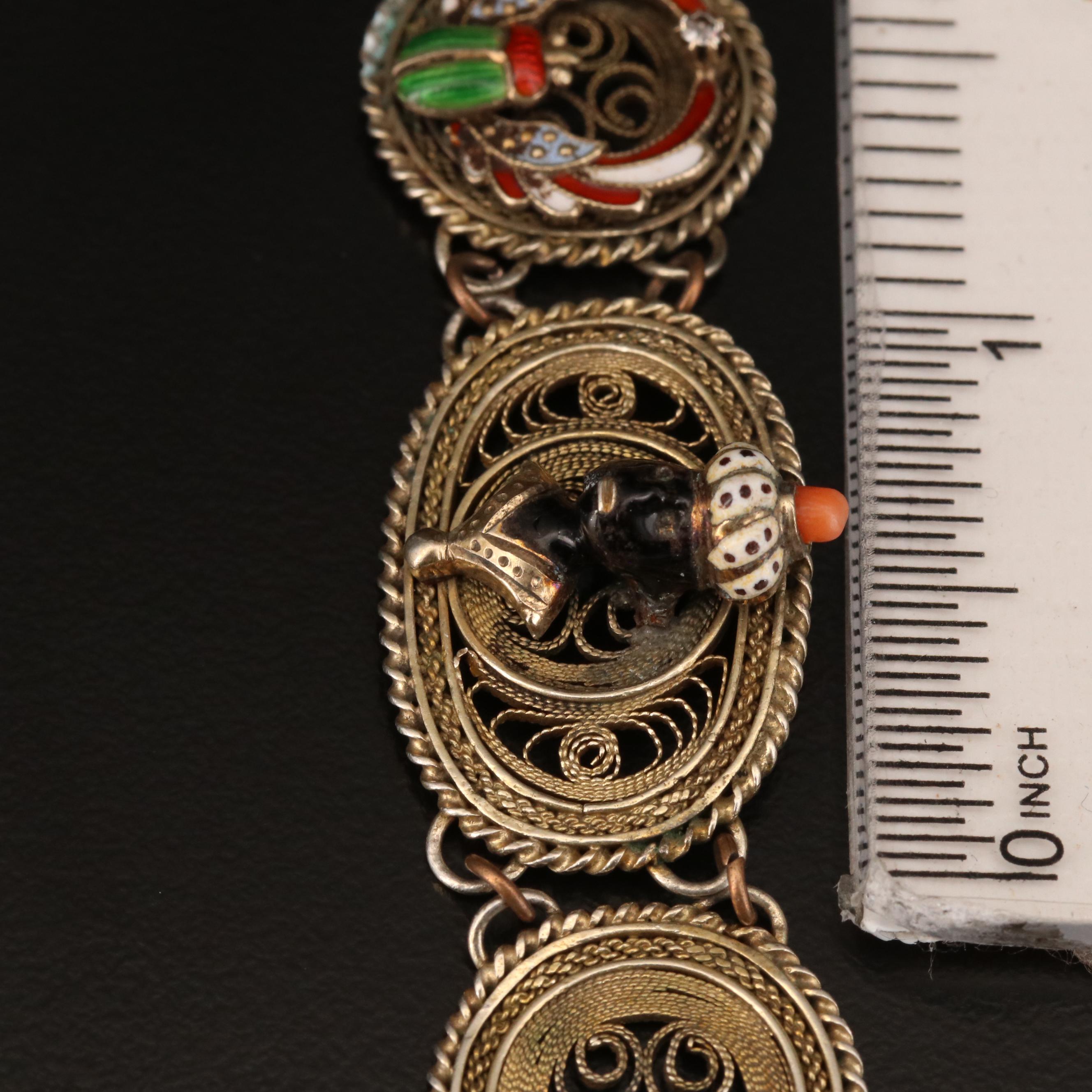 Vintage Sterling and 14K Enamel and Glass Filigree Panel Bracelet with Charms