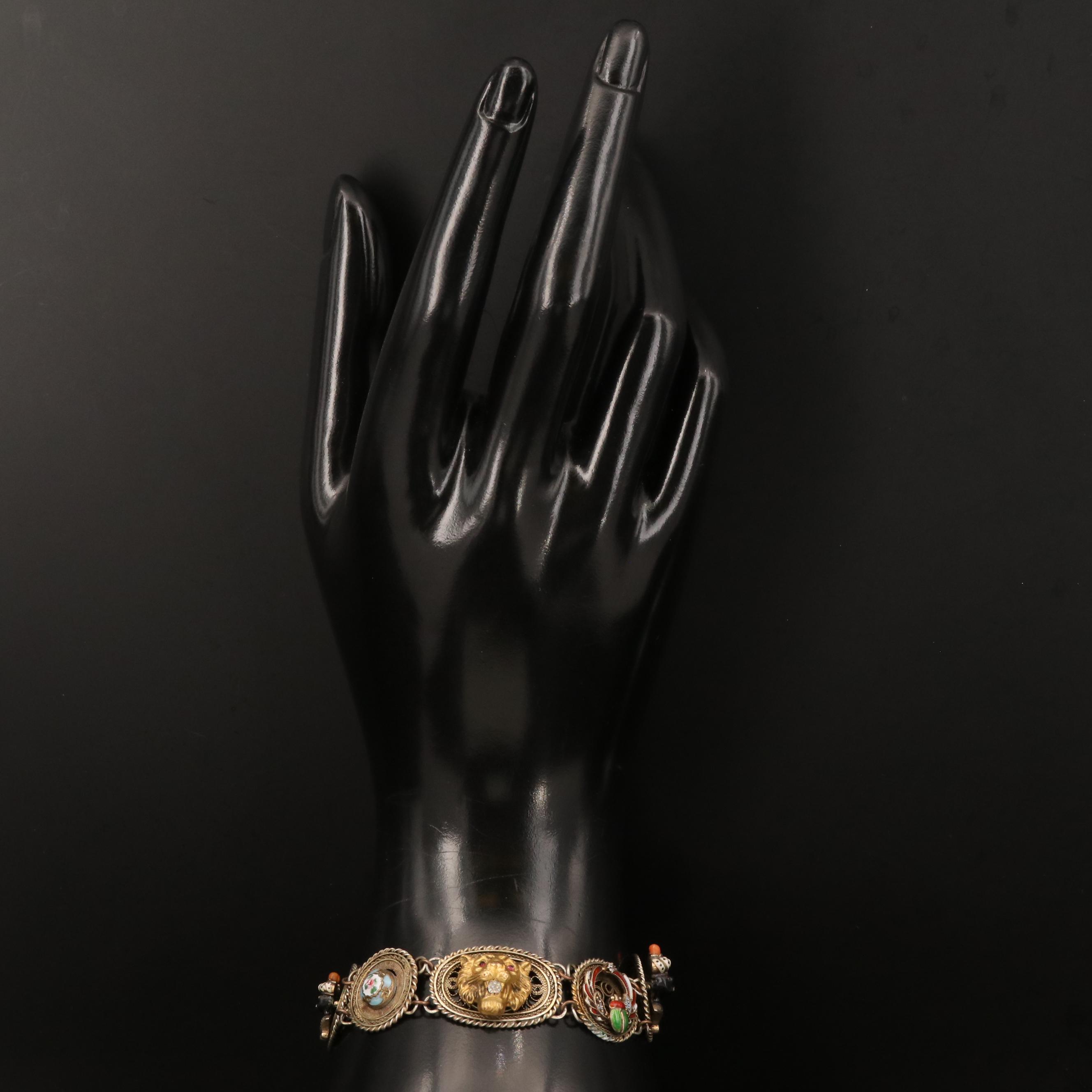 Vintage Sterling and 14K Enamel and Glass Filigree Panel Bracelet with Charms